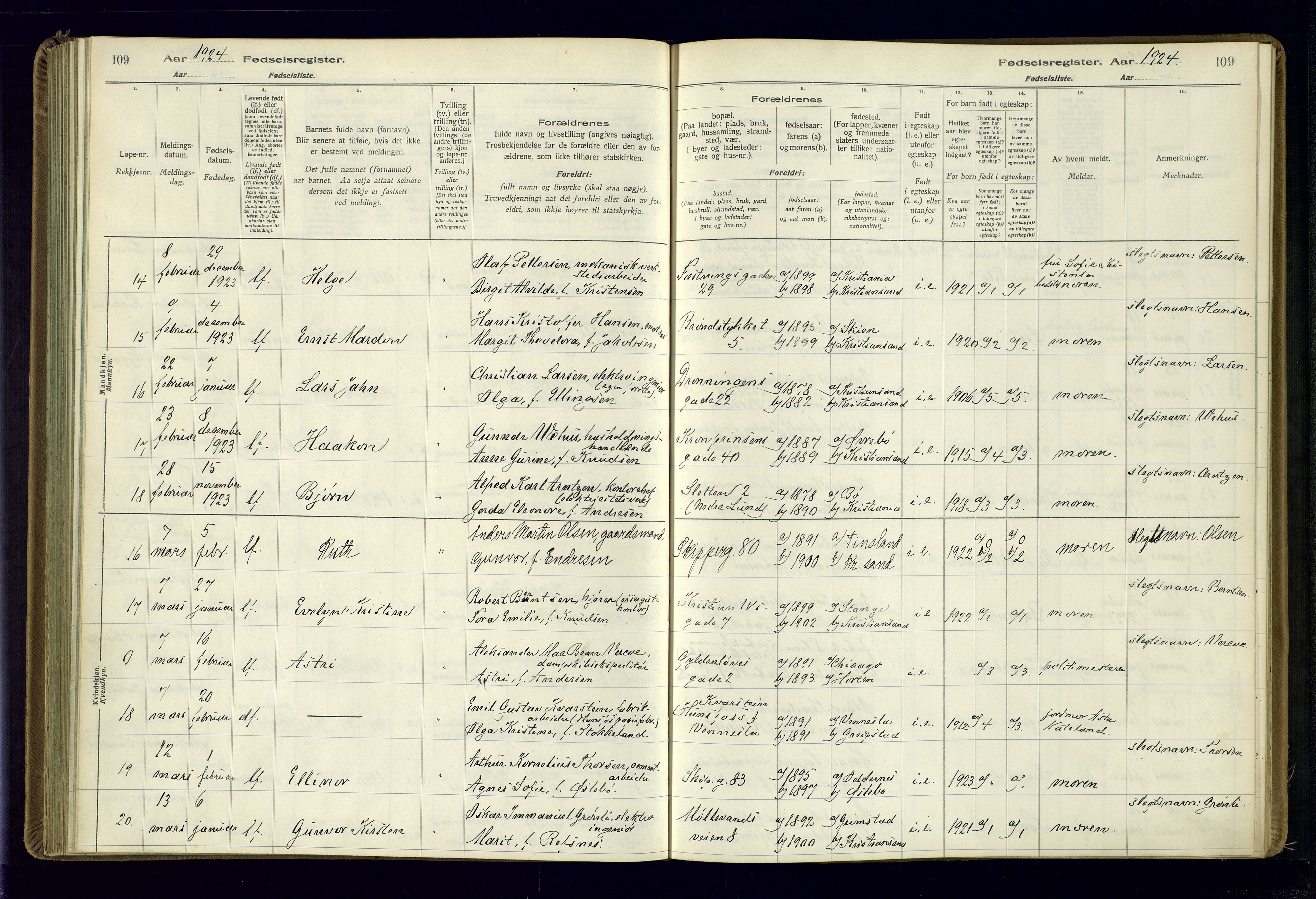 Kristiansand domprosti, AV/SAK-1112-0006/J/Jc/L0002: Fødselsregister nr. A-VI-46, 1921-1926, s. 109