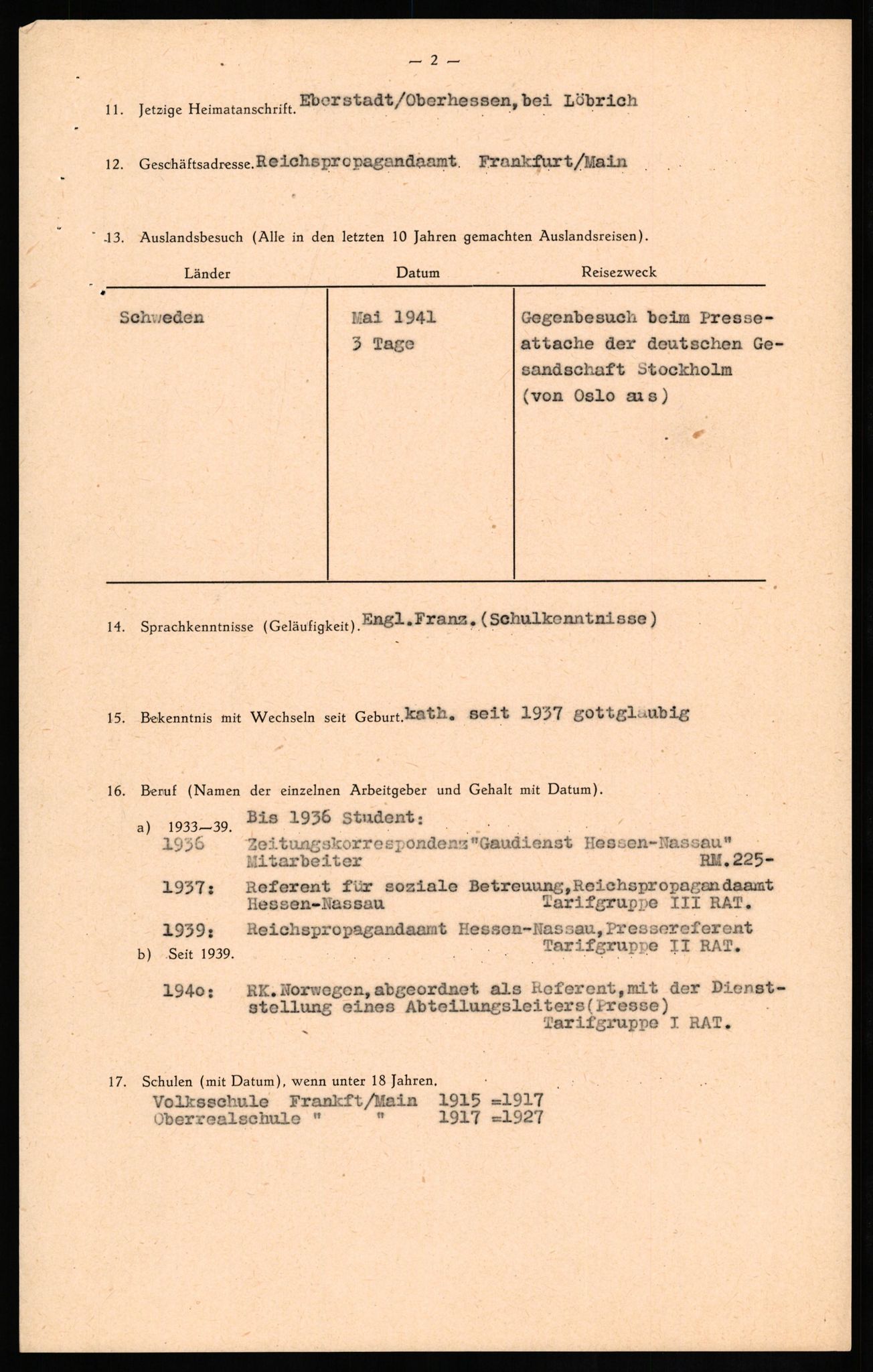 Forsvaret, Forsvarets overkommando II, RA/RAFA-3915/D/Db/L0022: CI Questionaires. Tyske okkupasjonsstyrker i Norge. Tyskere., 1945-1946, s. 253