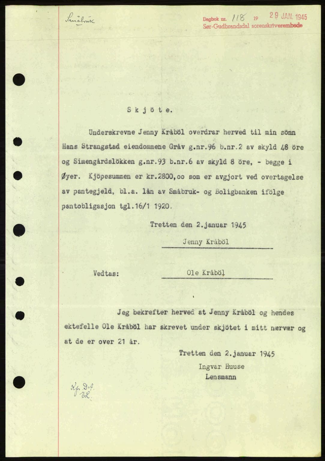 Sør-Gudbrandsdal tingrett, SAH/TING-004/H/Hb/Hbd/L0014: Pantebok nr. A14, 1944-1945, Dagboknr: 118/1945