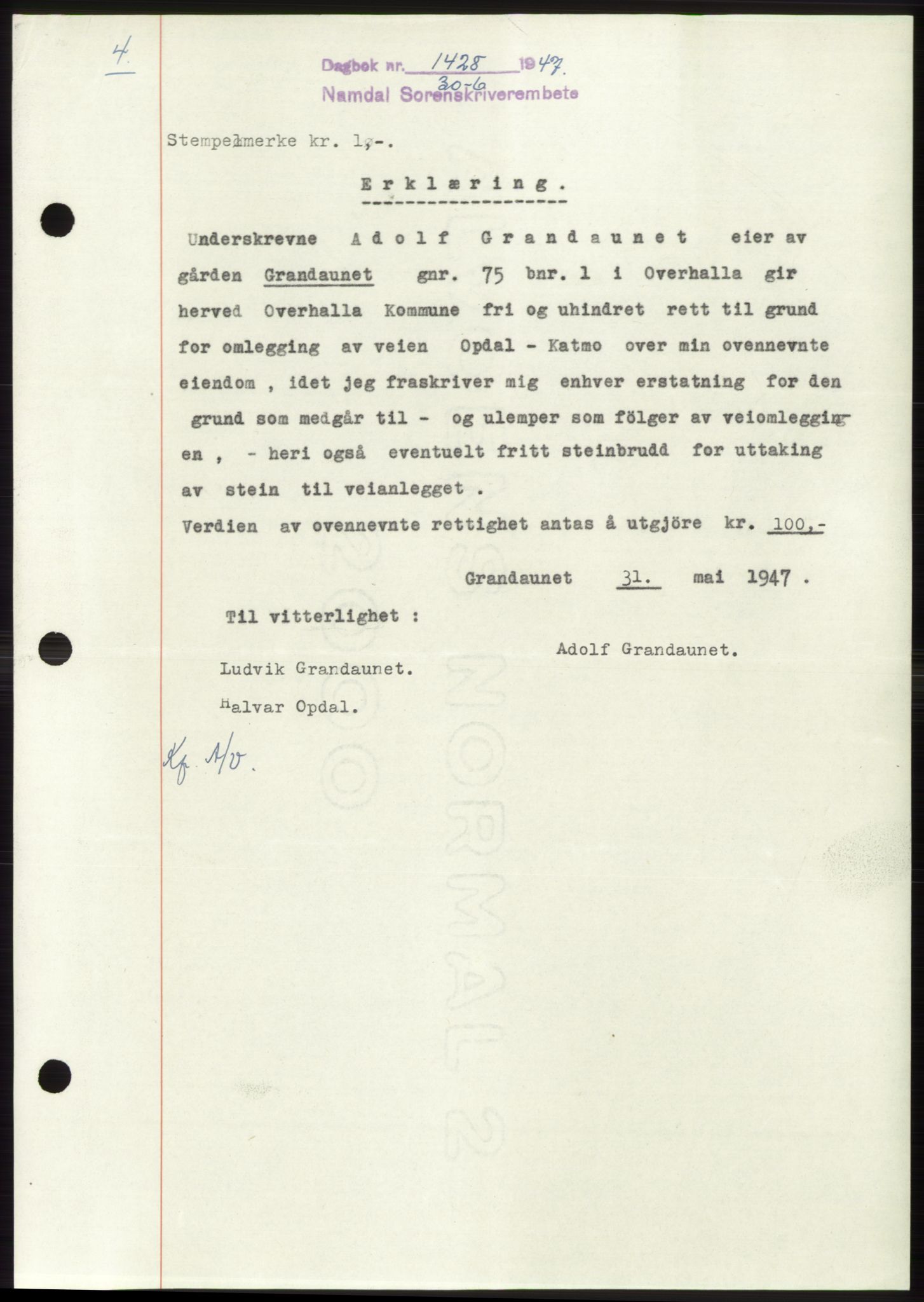 Namdal sorenskriveri, SAT/A-4133/1/2/2C: Pantebok nr. -, 1947-1947, Dagboknr: 1428/1947
