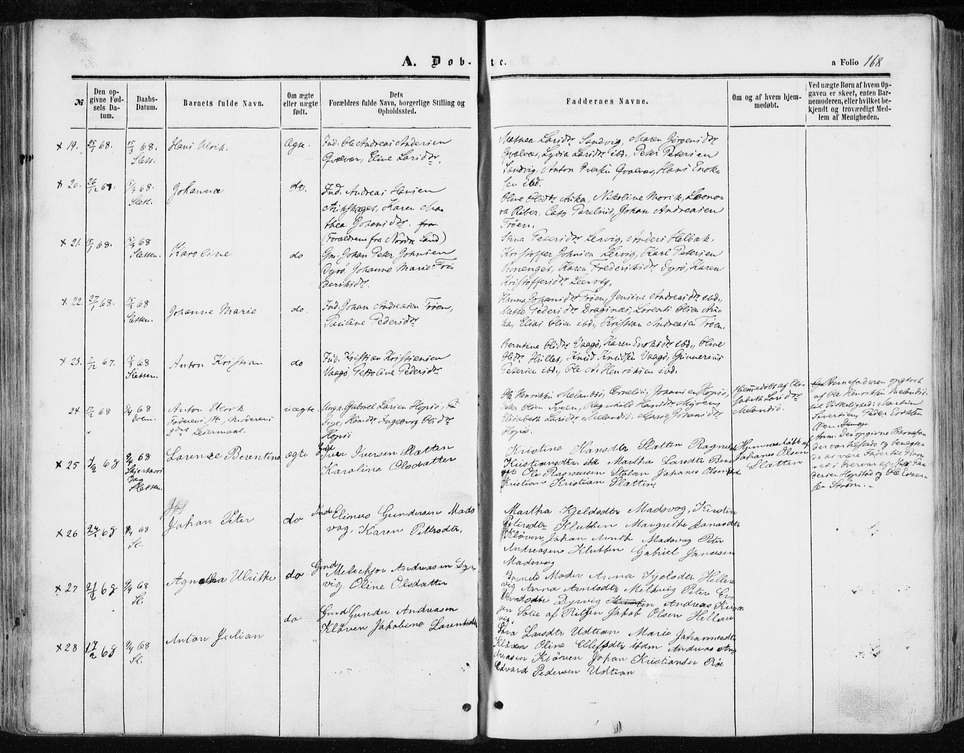 Ministerialprotokoller, klokkerbøker og fødselsregistre - Sør-Trøndelag, SAT/A-1456/634/L0531: Ministerialbok nr. 634A07, 1861-1870, s. 168