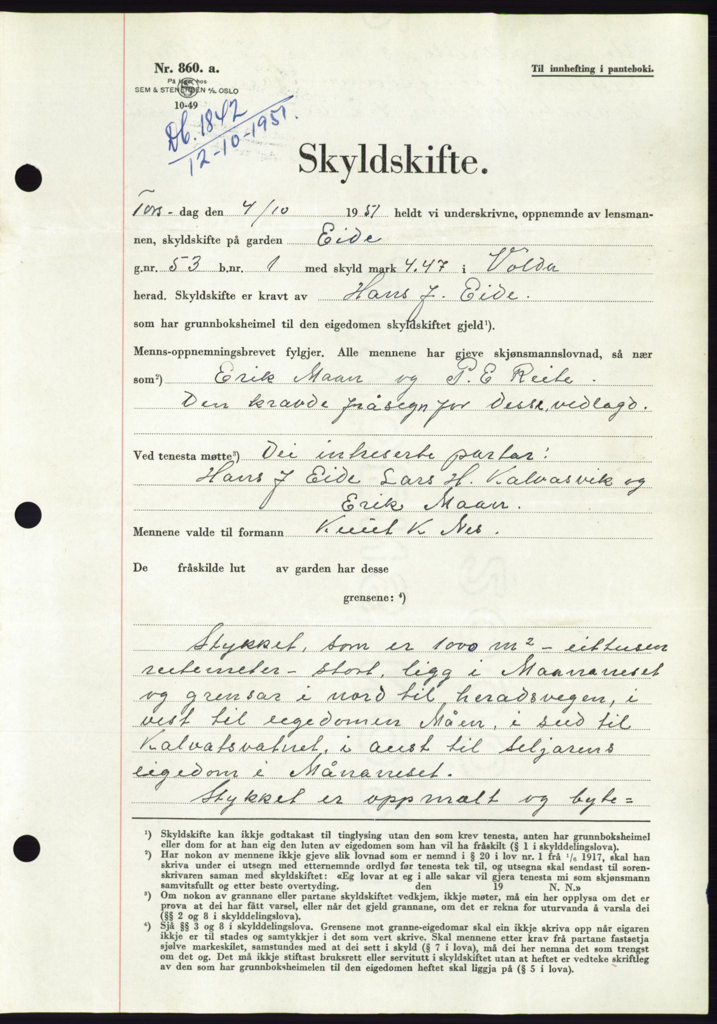 Søre Sunnmøre sorenskriveri, AV/SAT-A-4122/1/2/2C/L0090: Pantebok nr. 16A, 1951-1951, Dagboknr: 1842/1951