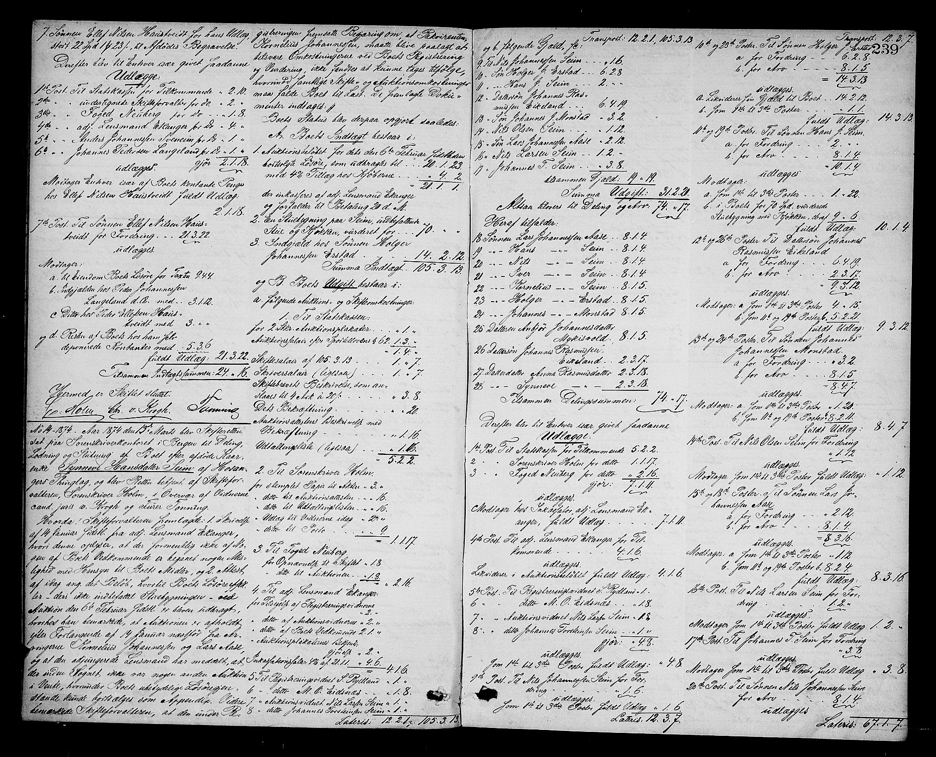 Nordhordland sorenskrivar, AV/SAB-A-2901/1/H/Hd/Hda/L0007: Skifteutlodningsprotokollar, 1869-1874, s. 238b-239a
