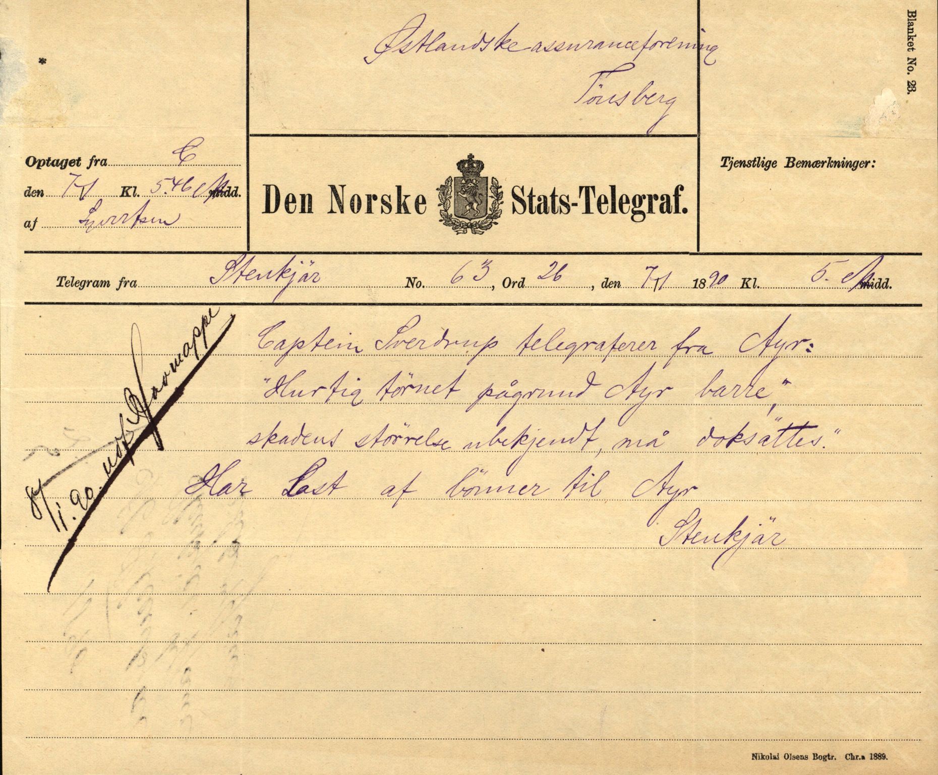 Pa 63 - Østlandske skibsassuranceforening, VEMU/A-1079/G/Ga/L0025/0005: Havaridokumenter / Jacbez, Brin, Eugenie, Lyna, Løvspring, Hurtig, 1890, s. 96