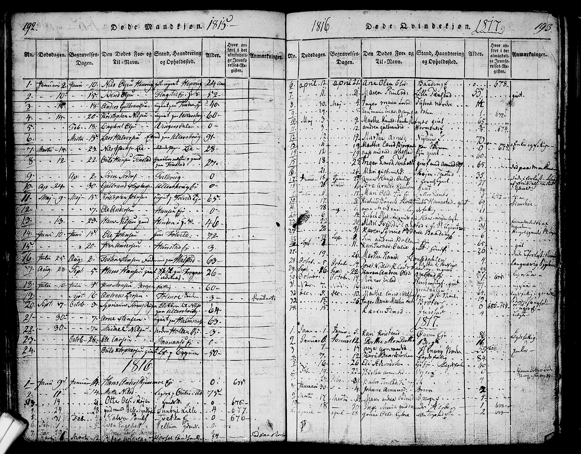 Nes prestekontor Kirkebøker, AV/SAO-A-10410/F/Fa/L0005: Ministerialbok nr. I 5, 1815-1835, s. 192-193