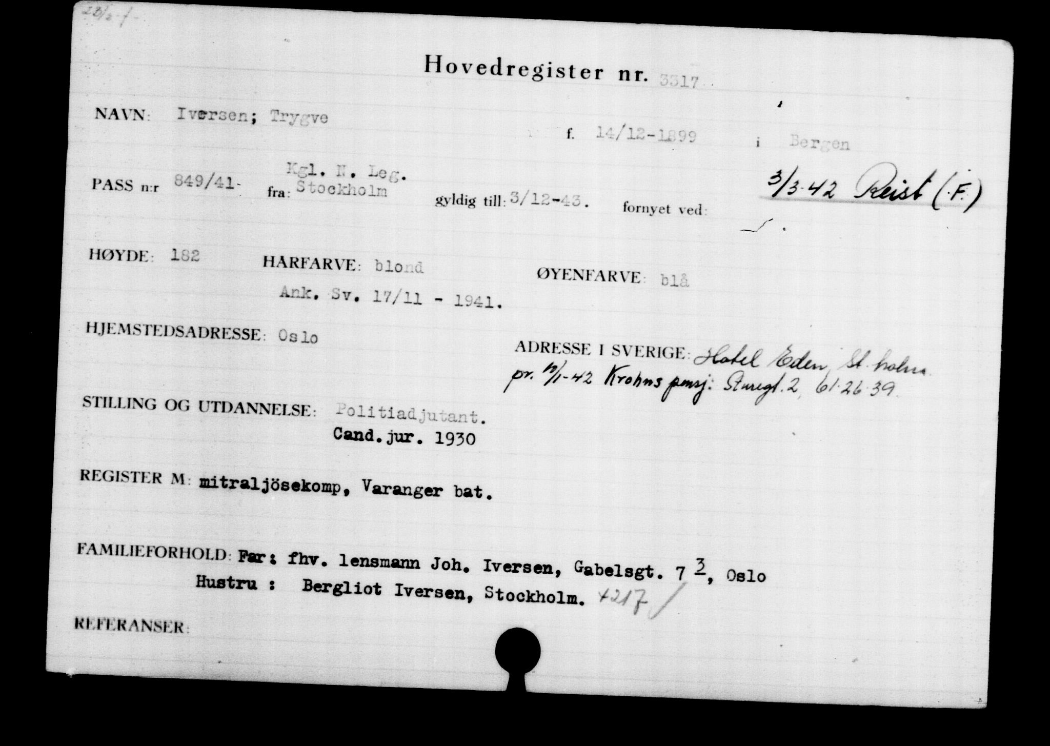 Den Kgl. Norske Legasjons Flyktningskontor, RA/S-6753/V/Va/L0003: Kjesäterkartoteket.  Flyktningenr. 2001-3495, 1940-1945, s. 1803