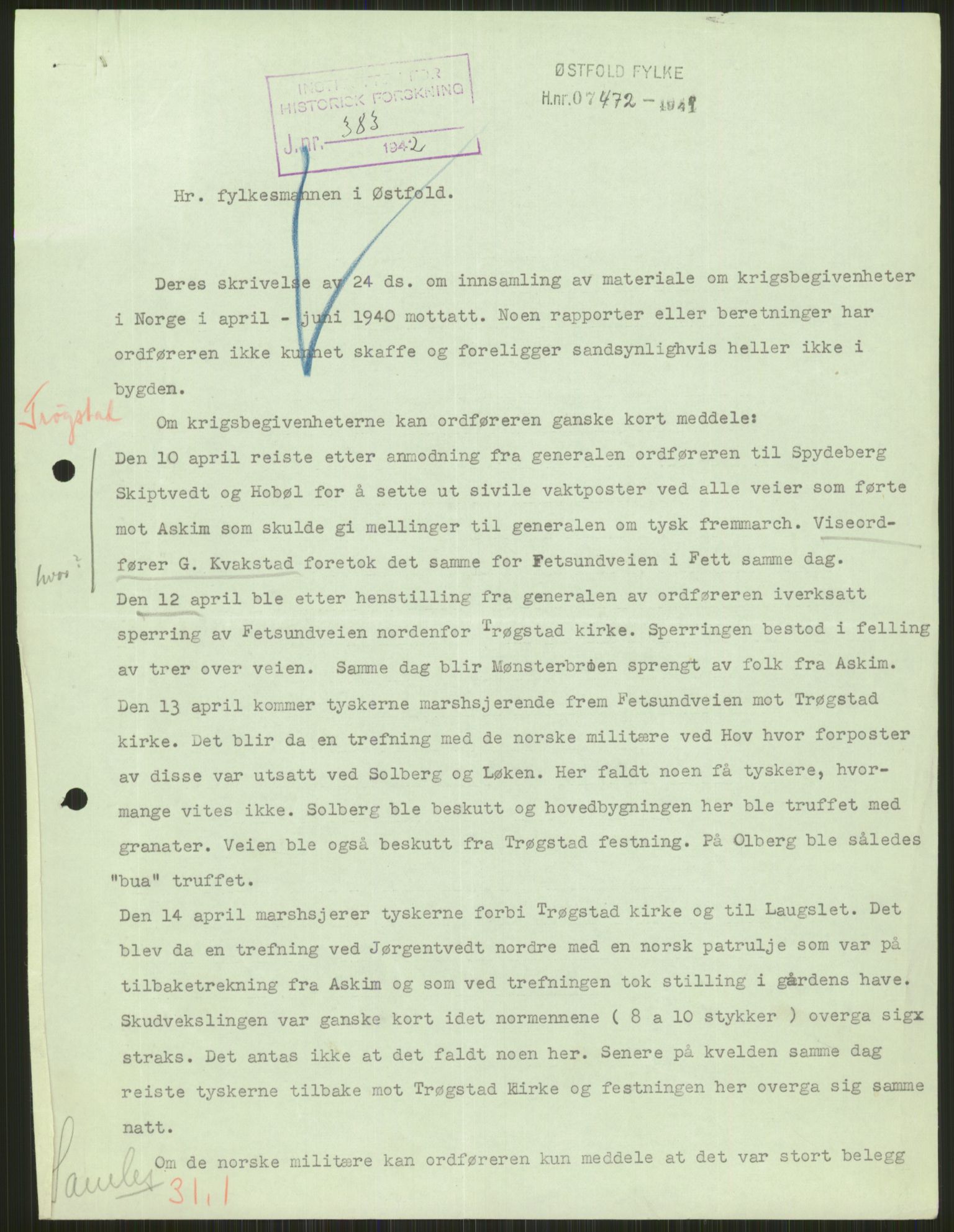 Forsvaret, Forsvarets krigshistoriske avdeling, AV/RA-RAFA-2017/Y/Ya/L0013: II-C-11-31 - Fylkesmenn.  Rapporter om krigsbegivenhetene 1940., 1940, s. 182