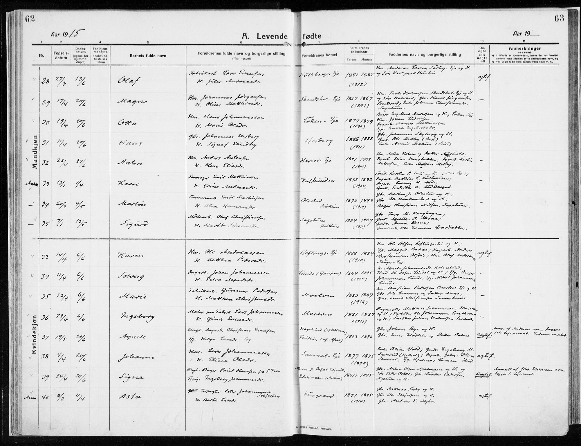 Ringsaker prestekontor, AV/SAH-PREST-014/K/Ka/L0020: Ministerialbok nr. 20, 1913-1922, s. 62-63