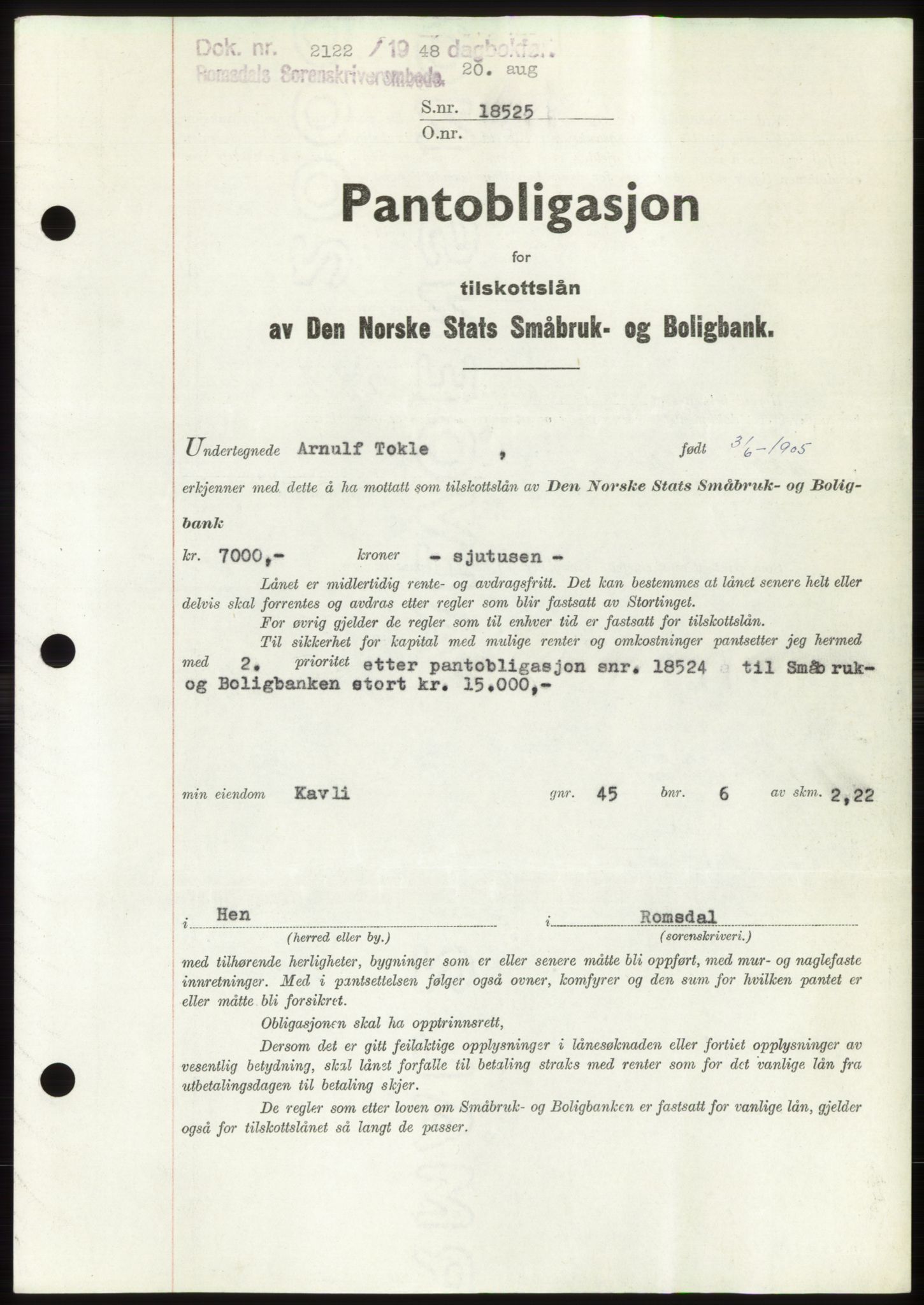 Romsdal sorenskriveri, SAT/A-4149/1/2/2C: Pantebok nr. B4, 1948-1949, Dagboknr: 2122/1948