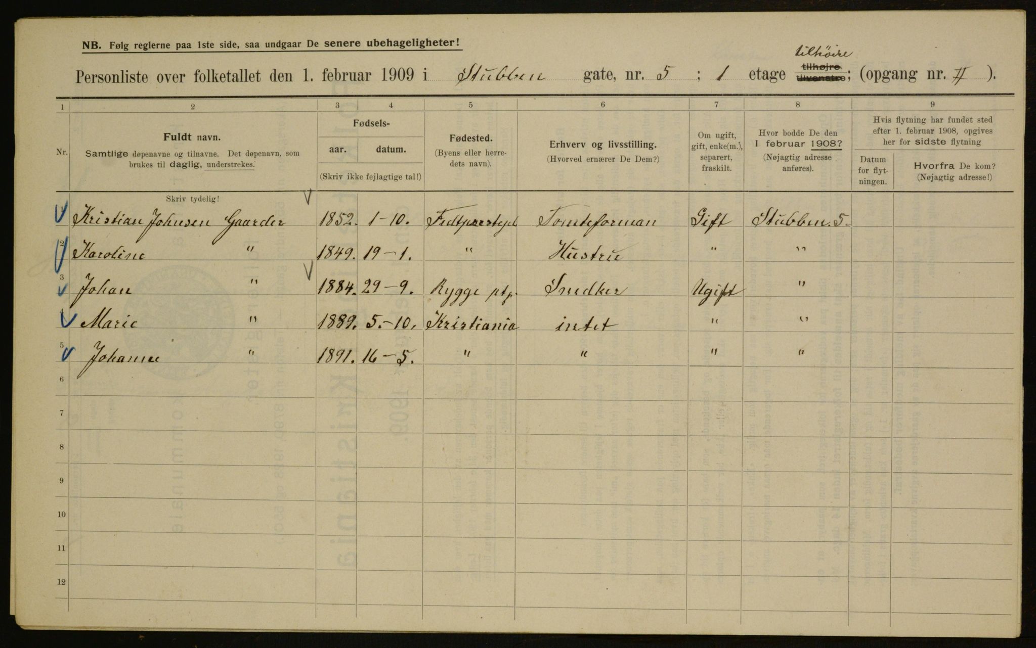 OBA, Kommunal folketelling 1.2.1909 for Kristiania kjøpstad, 1909, s. 94536