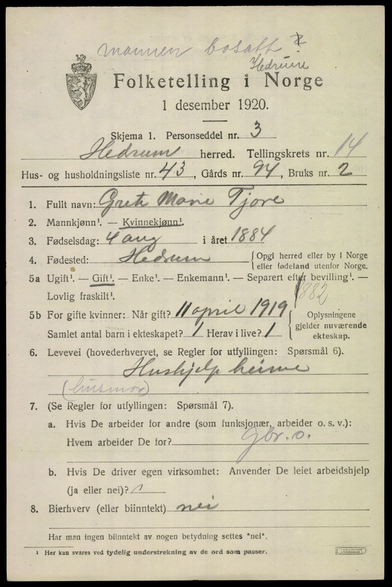 SAKO, Folketelling 1920 for 0727 Hedrum herred, 1920, s. 9581