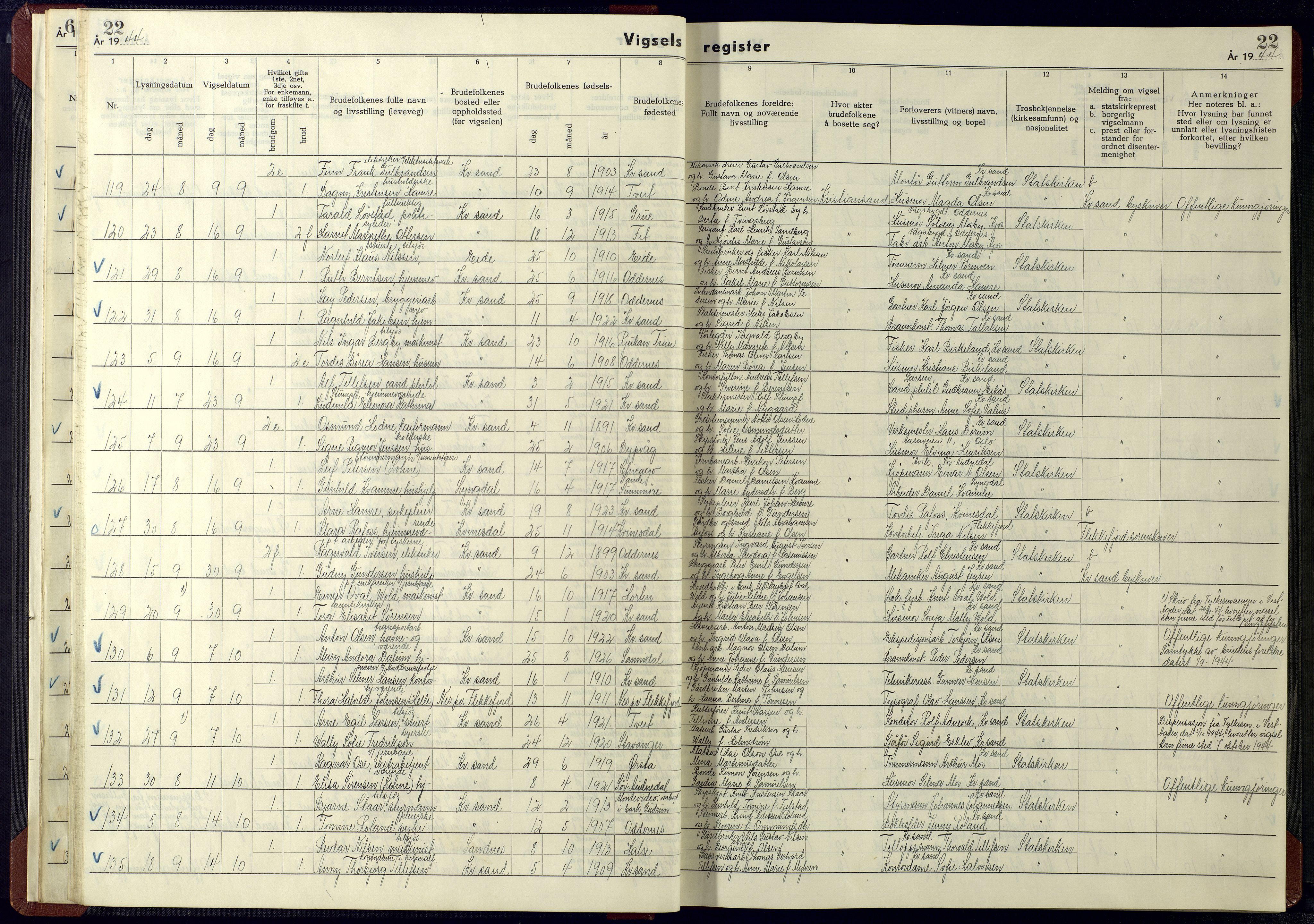 Kristiansand domprosti, AV/SAK-1112-0006/J/Ja/L0003: Vigselsregister nr. A-VI-15, 1942-1945, s. 22