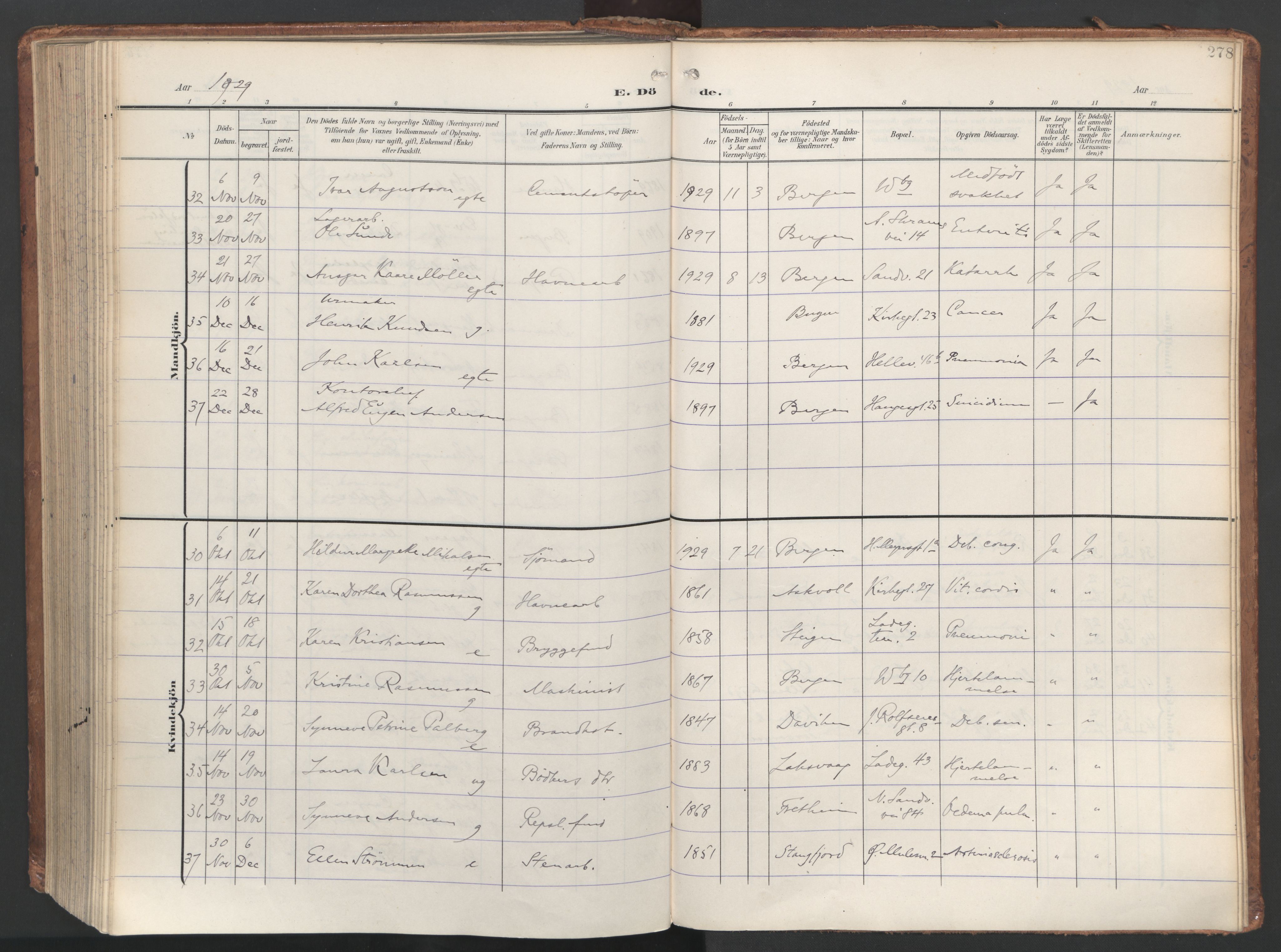 Sandviken Sokneprestembete, AV/SAB-A-77601/H/Ha/L0019: Ministerialbok nr. E 2, 1905-1933, s. 278