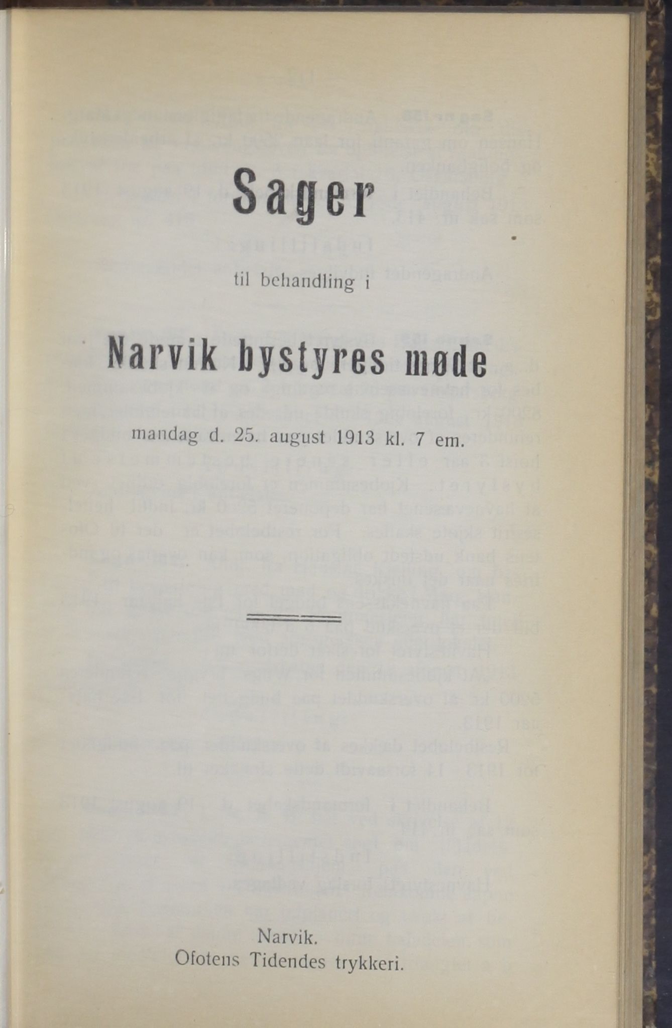 Narvik kommune. Formannskap , AIN/K-18050.150/A/Ab/L0003: Møtebok, 1913