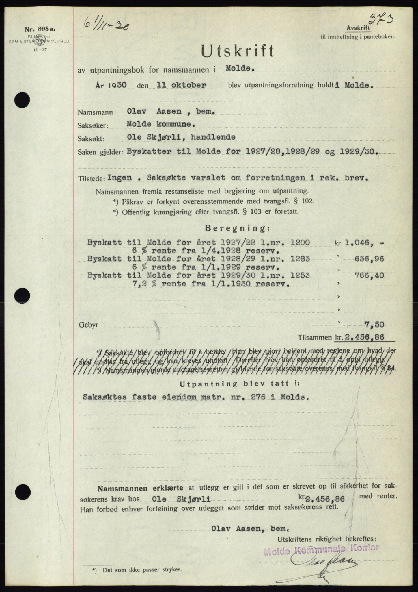 Molde byfogd, AV/SAT-A-0025/2/2C/L0011: Pantebok nr. 11, 1926-1932, Tingl.dato: 01.11.1930