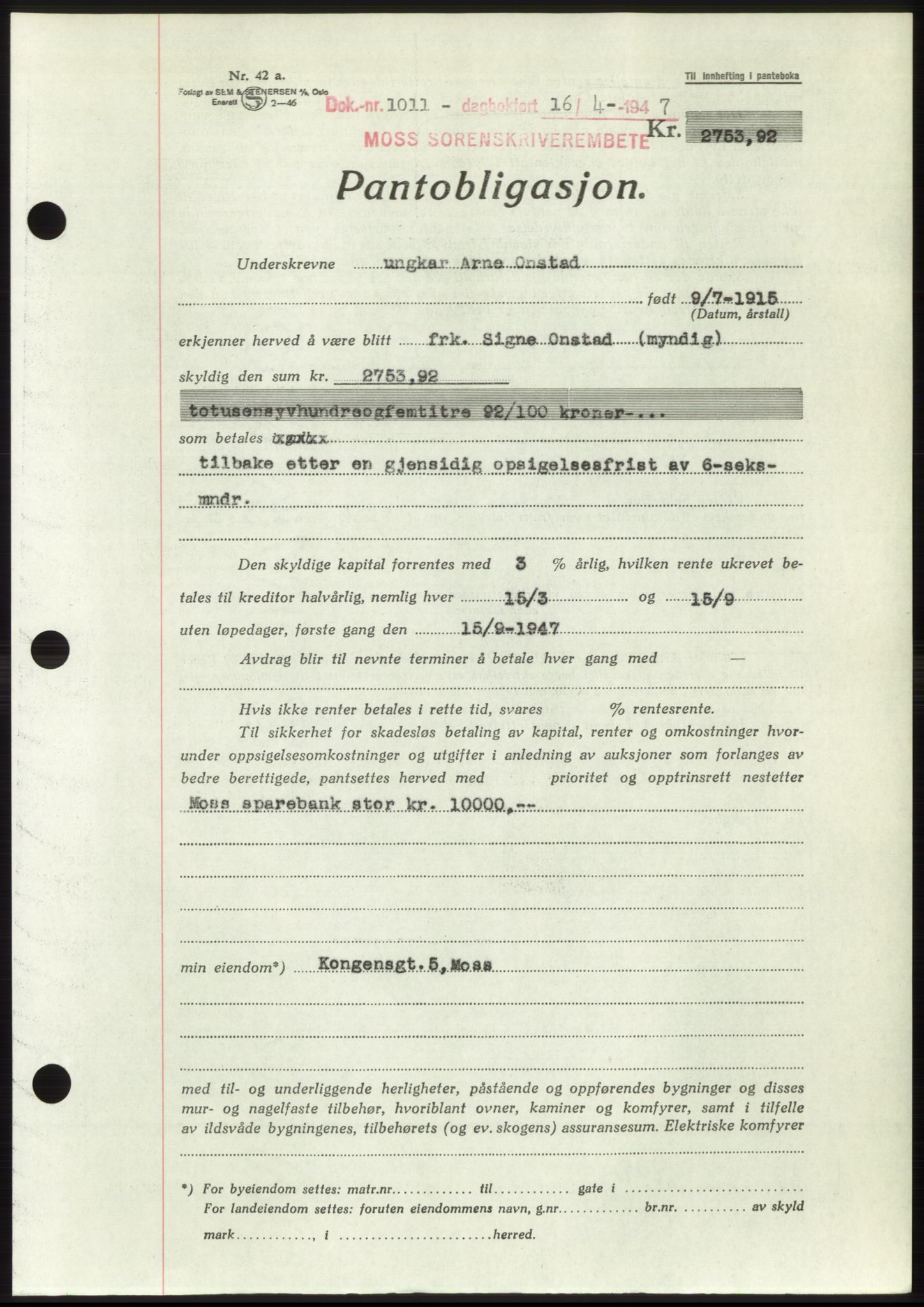 Moss sorenskriveri, SAO/A-10168: Pantebok nr. B17, 1947-1947, Dagboknr: 1011/1947