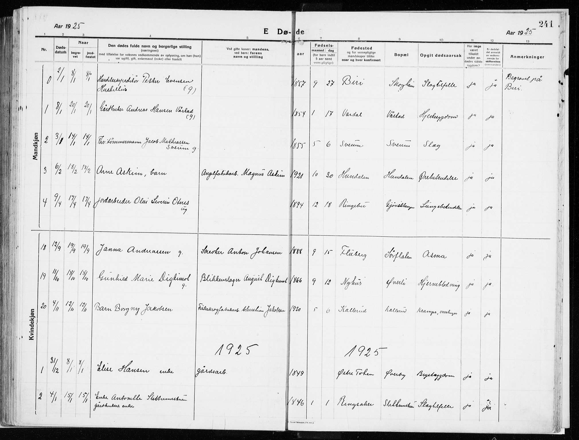 Vardal prestekontor, AV/SAH-PREST-100/H/Ha/Haa/L0017: Ministerialbok nr. 17, 1915-1929, s. 241