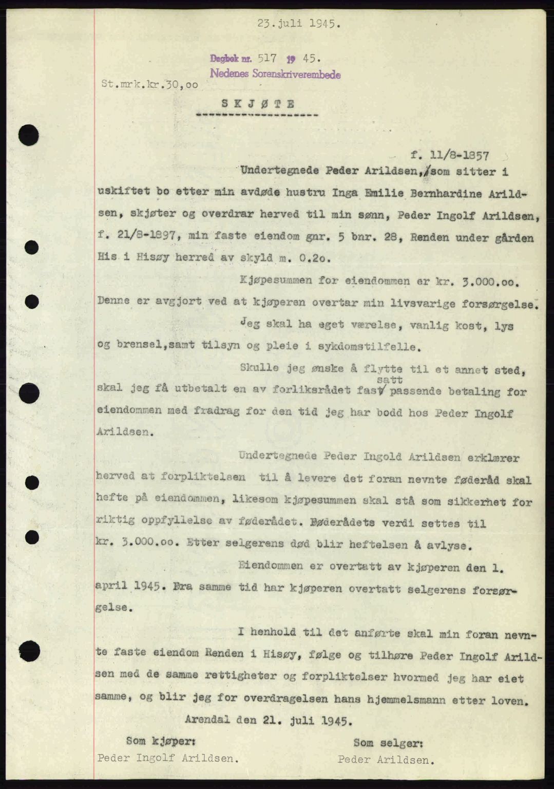 Nedenes sorenskriveri, SAK/1221-0006/G/Gb/Gba/L0052: Pantebok nr. A6a, 1944-1945, Dagboknr: 517/1945