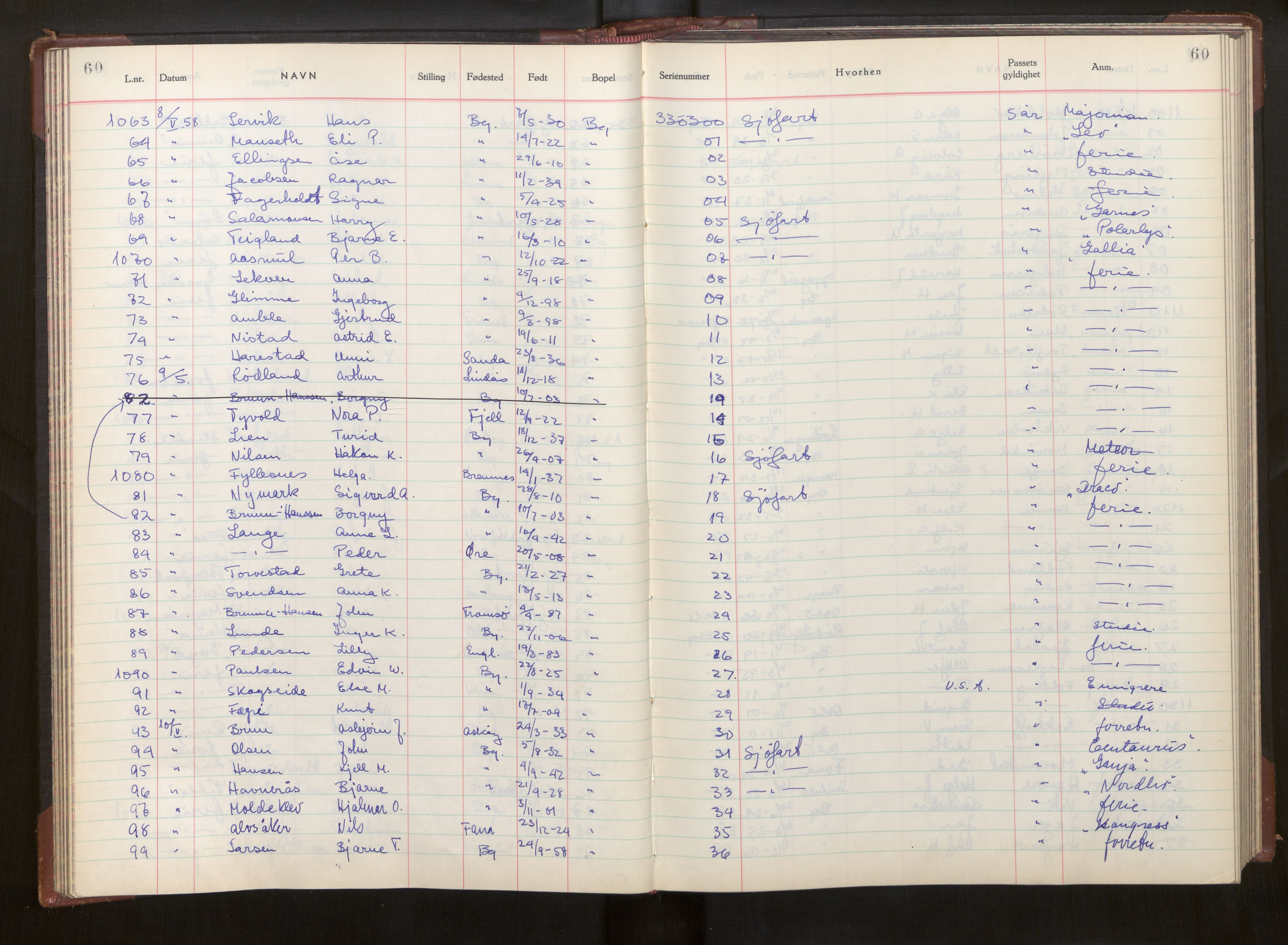 Bergen politikammer / politidistrikt, AV/SAB-A-60401/L/La/Lab/L0022: Passprotokoll, 1957-1960