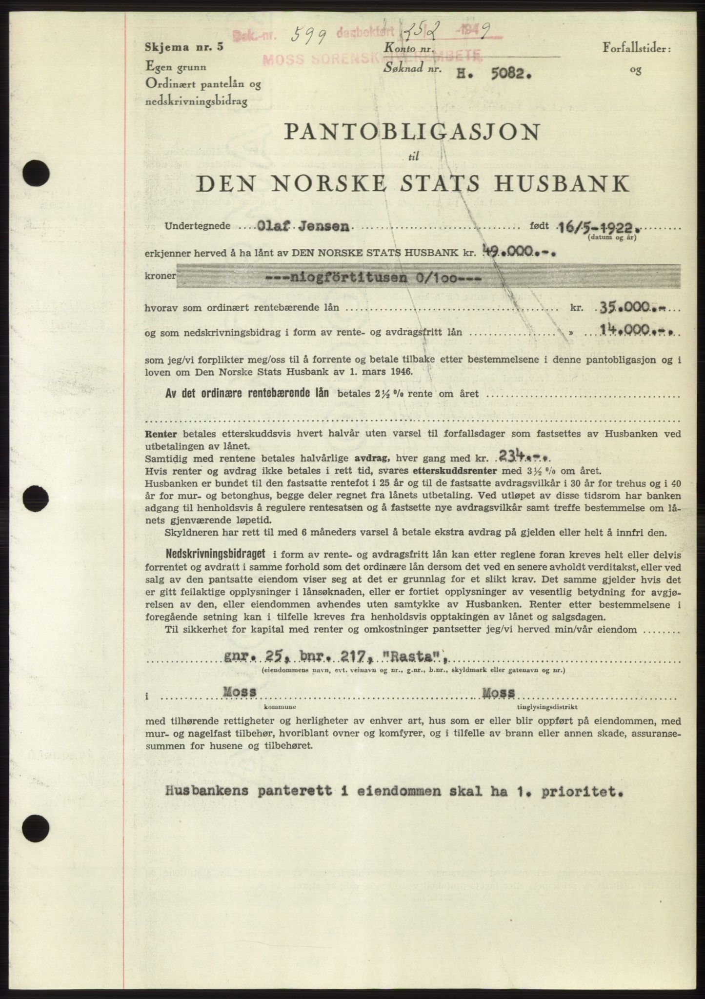 Moss sorenskriveri, SAO/A-10168: Pantebok nr. B21, 1949-1949, Dagboknr: 599/1949
