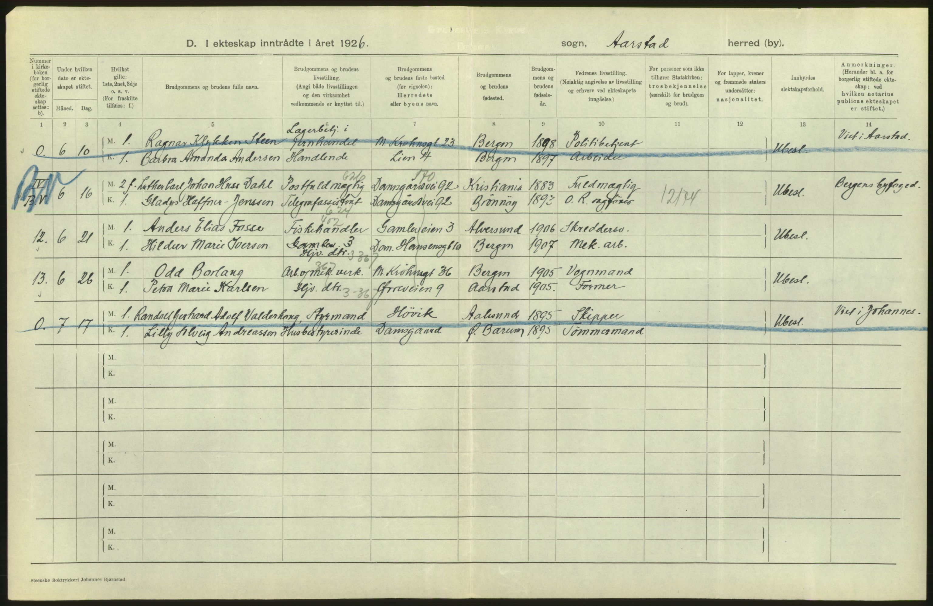 Statistisk sentralbyrå, Sosiodemografiske emner, Befolkning, AV/RA-S-2228/D/Df/Dfc/Dfcf/L0028: Bergen: Gifte, døde, dødfødte., 1926, s. 82