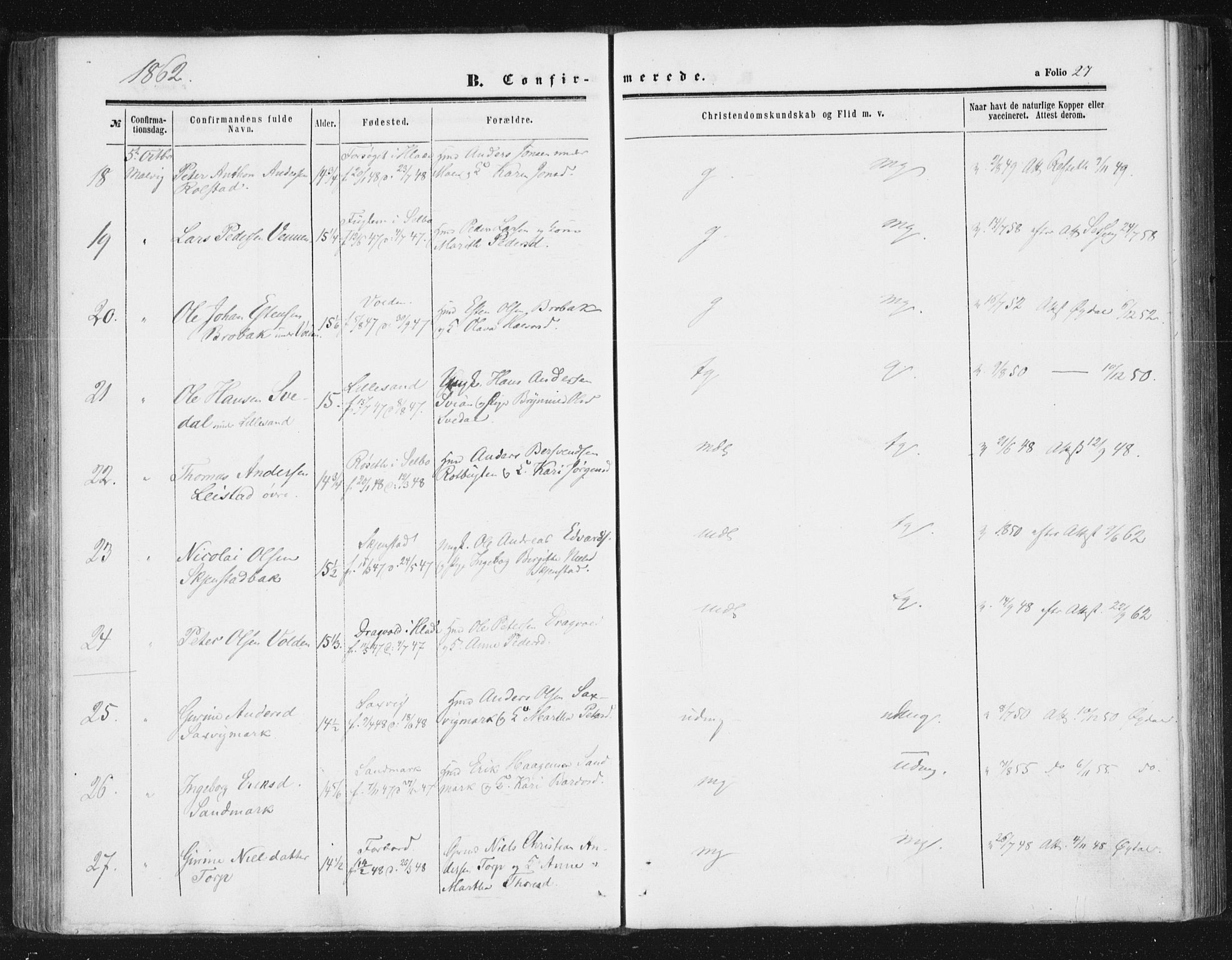 Ministerialprotokoller, klokkerbøker og fødselsregistre - Sør-Trøndelag, SAT/A-1456/616/L0408: Ministerialbok nr. 616A05, 1857-1865, s. 27