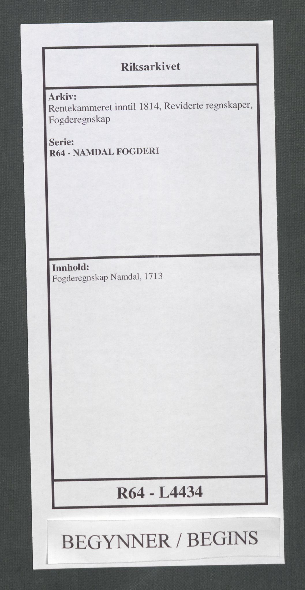 Rentekammeret inntil 1814, Reviderte regnskaper, Fogderegnskap, RA/EA-4092/R64/L4434: Fogderegnskap Namdal, 1713, s. 1