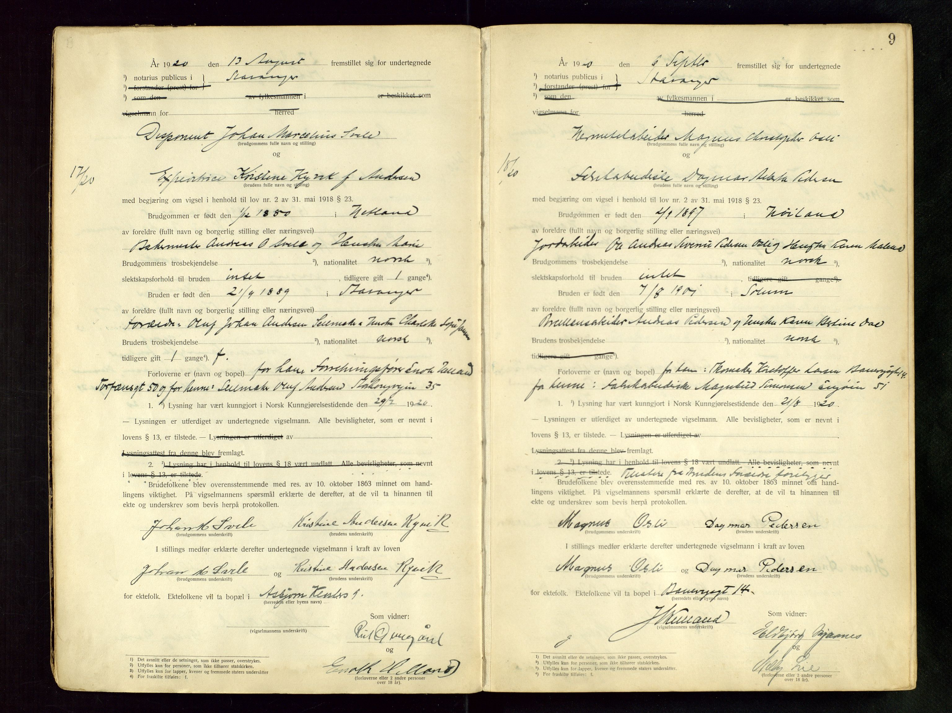 Stavanger byfogd, AV/SAST-A-101408/001/6/62/62BB/L0001: Vigselsprotokoll, 1920-1926, s. 9
