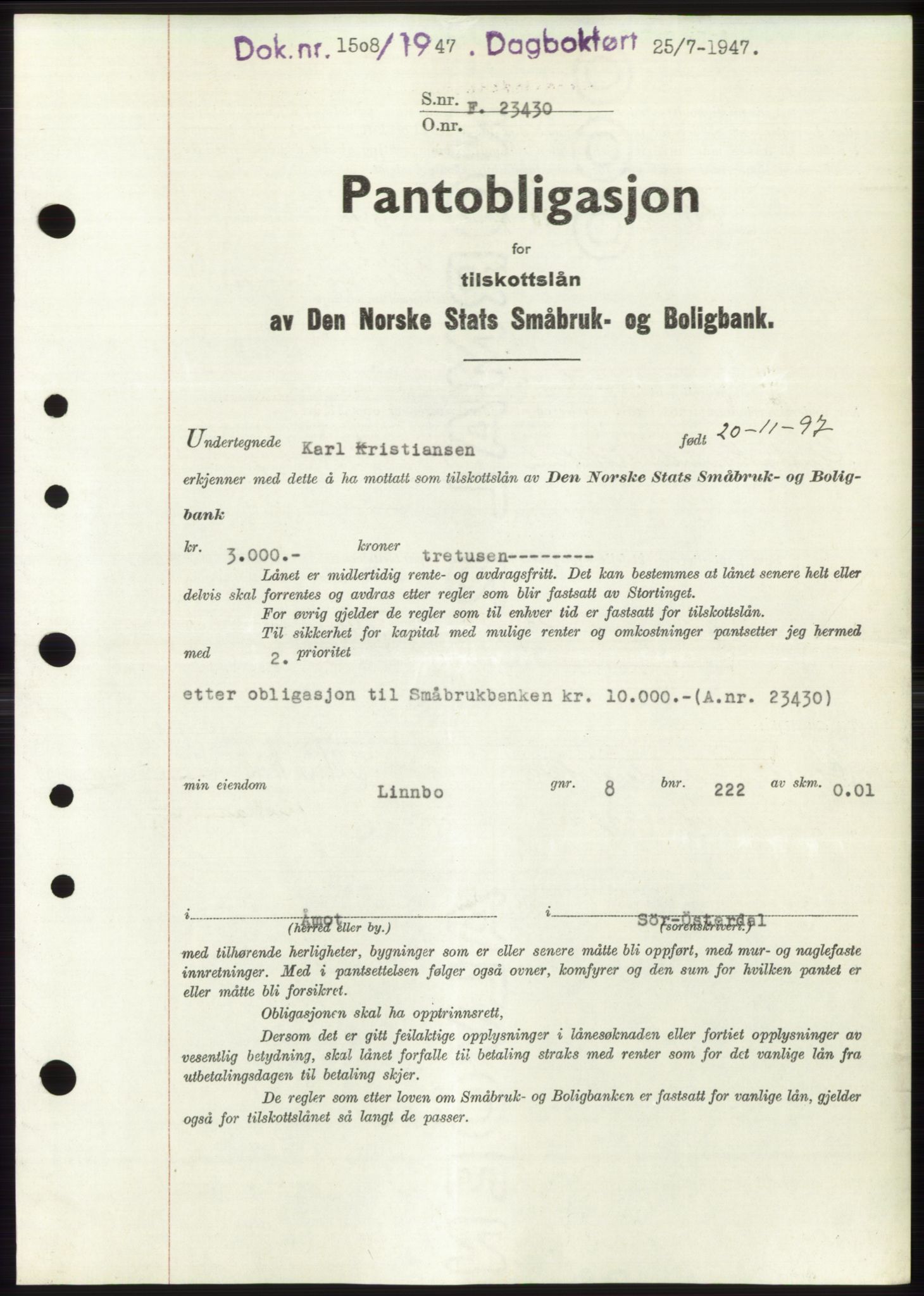 Sør-Østerdal sorenskriveri, AV/SAH-TING-018/H/Hb/Hbc/L0066: Pantebok nr. B66, 1947-1947, Dagboknr: 1508/1947