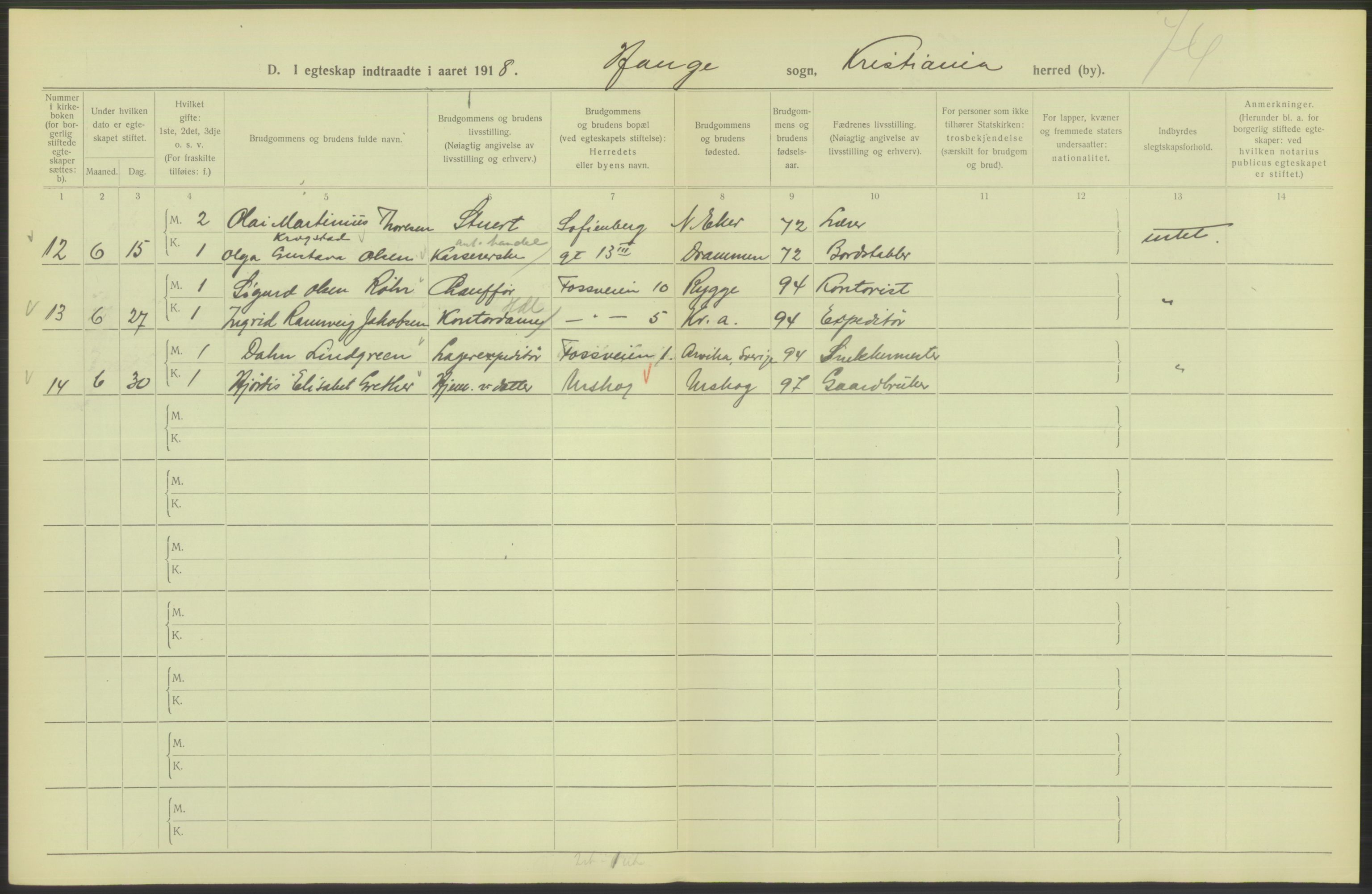 Statistisk sentralbyrå, Sosiodemografiske emner, Befolkning, AV/RA-S-2228/D/Df/Dfb/Dfbh/L0009: Kristiania: Gifte, 1918, s. 564