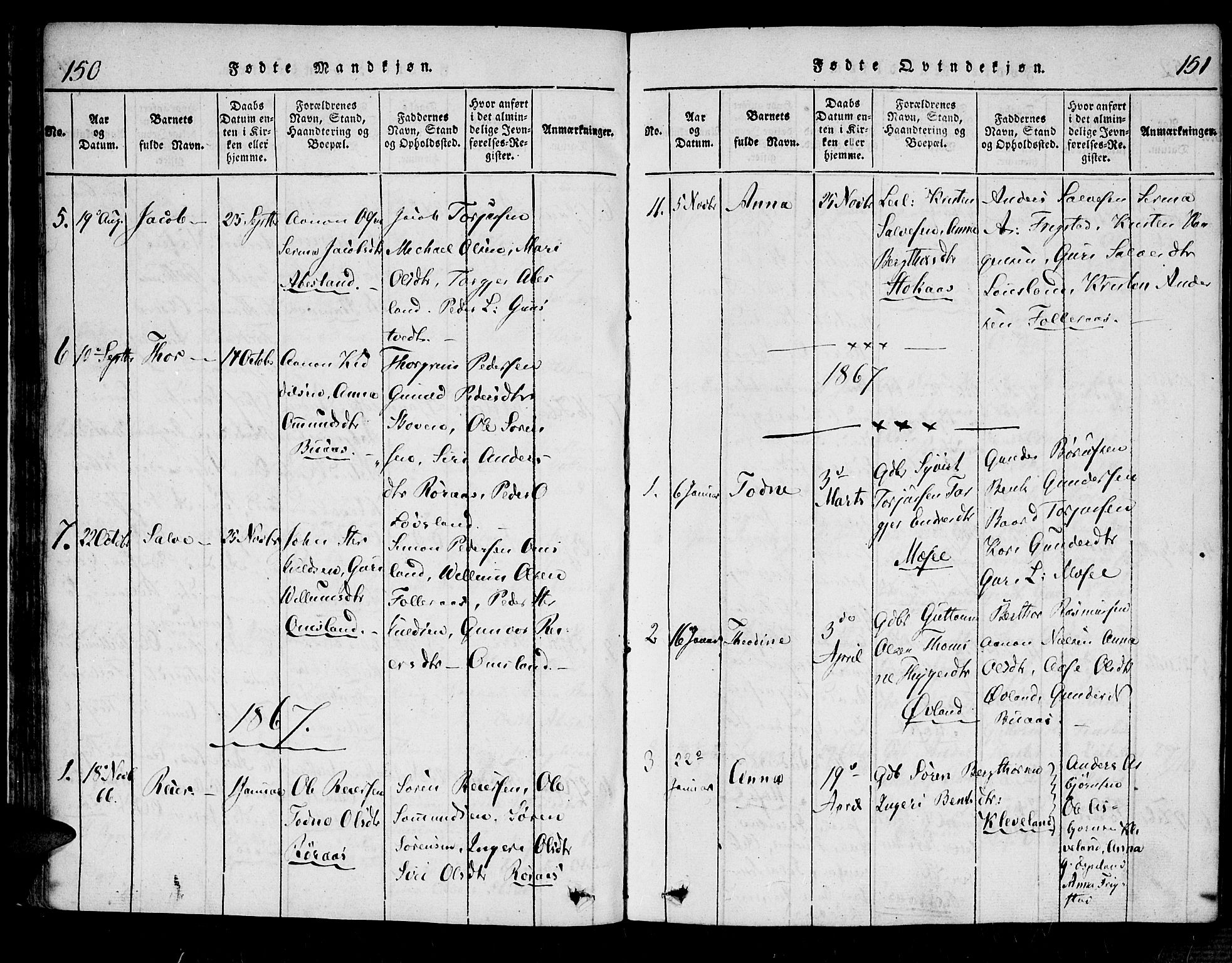Bjelland sokneprestkontor, AV/SAK-1111-0005/F/Fa/Fab/L0002: Ministerialbok nr. A 2, 1816-1869, s. 150-151