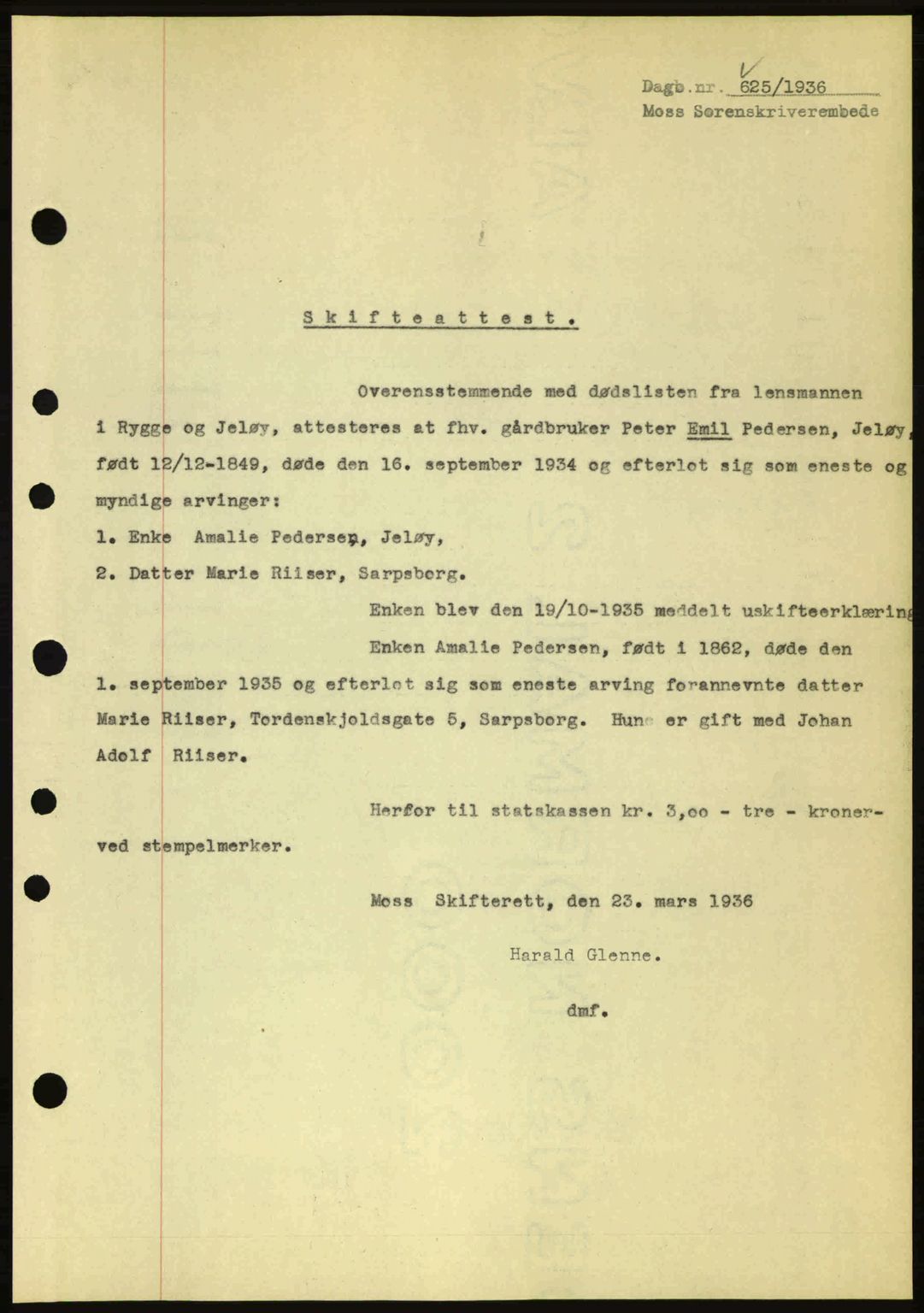 Moss sorenskriveri, SAO/A-10168: Pantebok nr. A1, 1936-1936, Dagboknr: 625/1936
