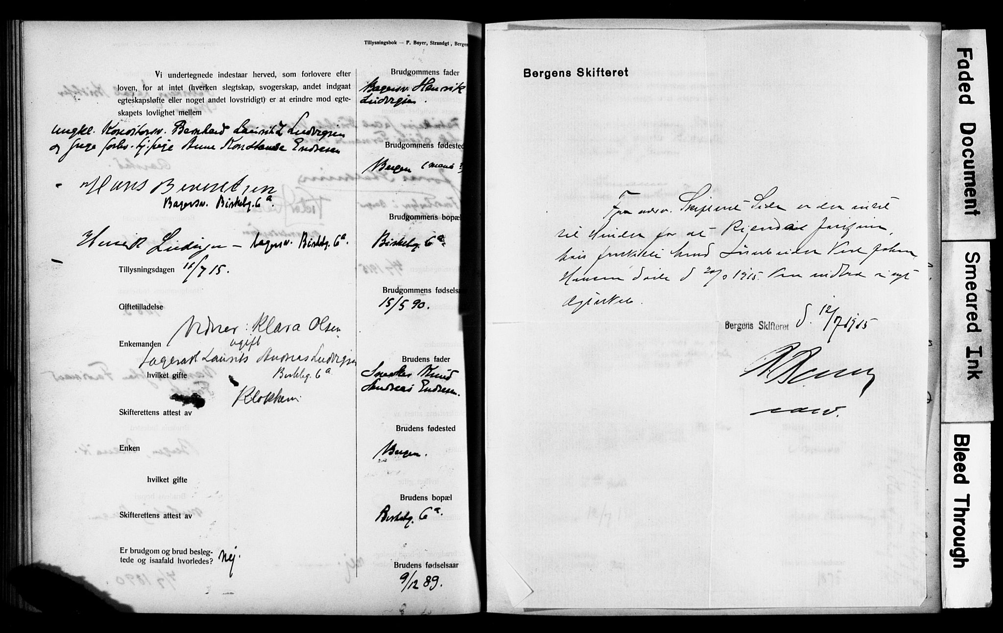 Mariakirken Sokneprestembete, SAB/A-76901: Forlovererklæringer nr. II.5.3, 1909-1917, s. 142