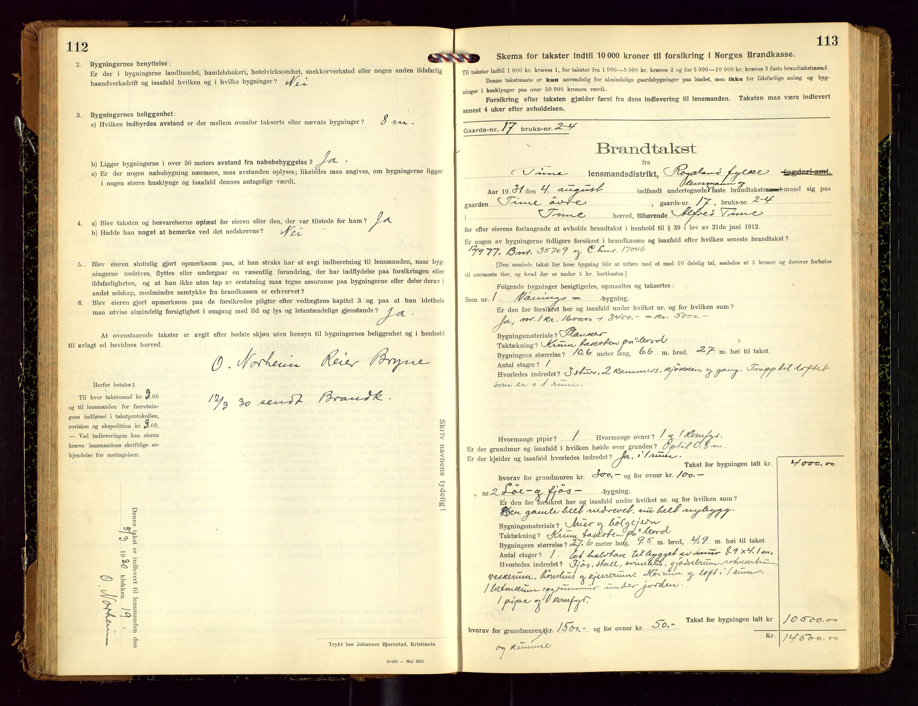 Time lensmannskontor, AV/SAST-A-100420/Gob/L0002: Branntakstprotokoll, 1919-1952, s. 112-113