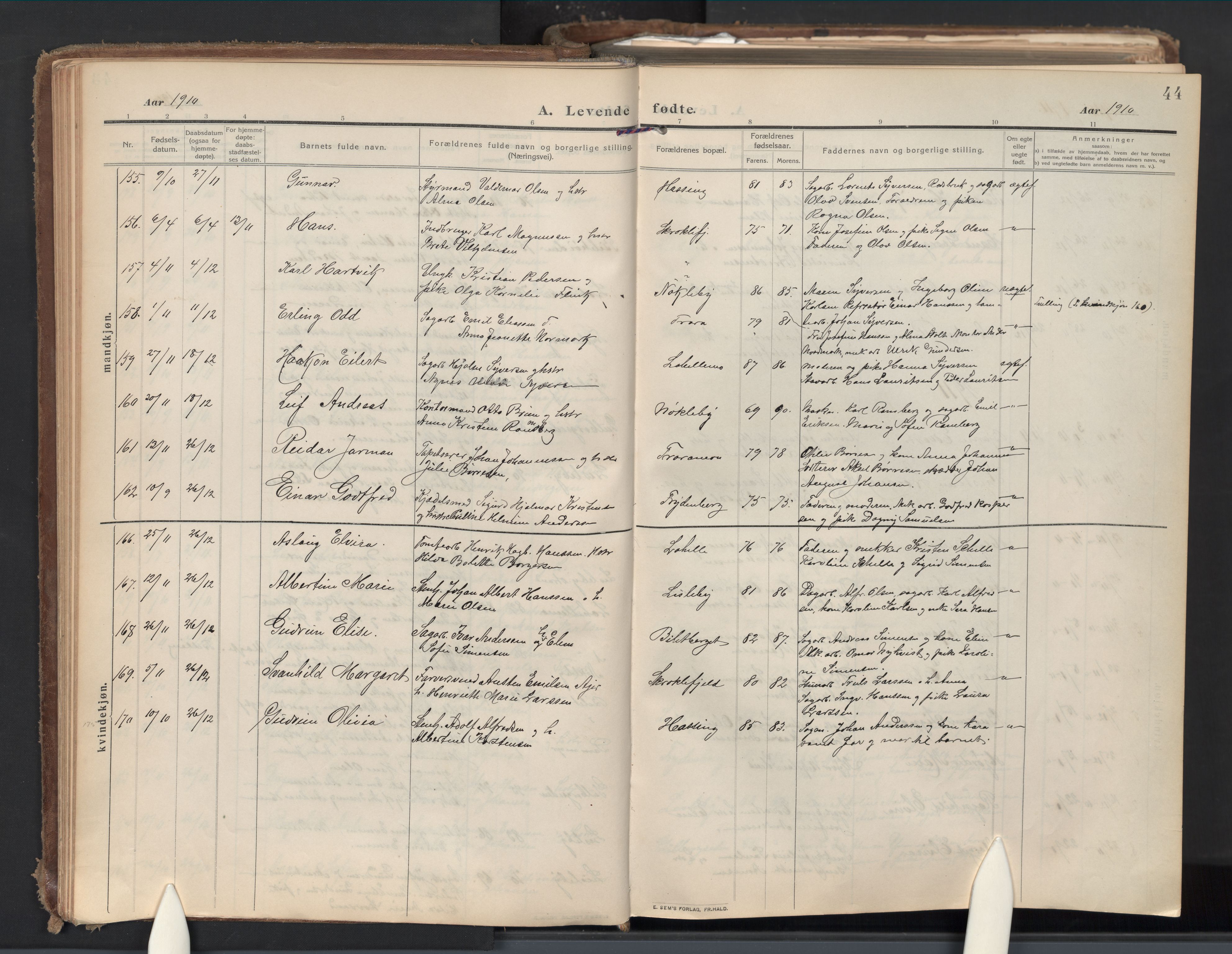 Glemmen prestekontor Kirkebøker, AV/SAO-A-10908/G/Ga/L0007: Klokkerbok nr. 7, 1909-1930, s. 44