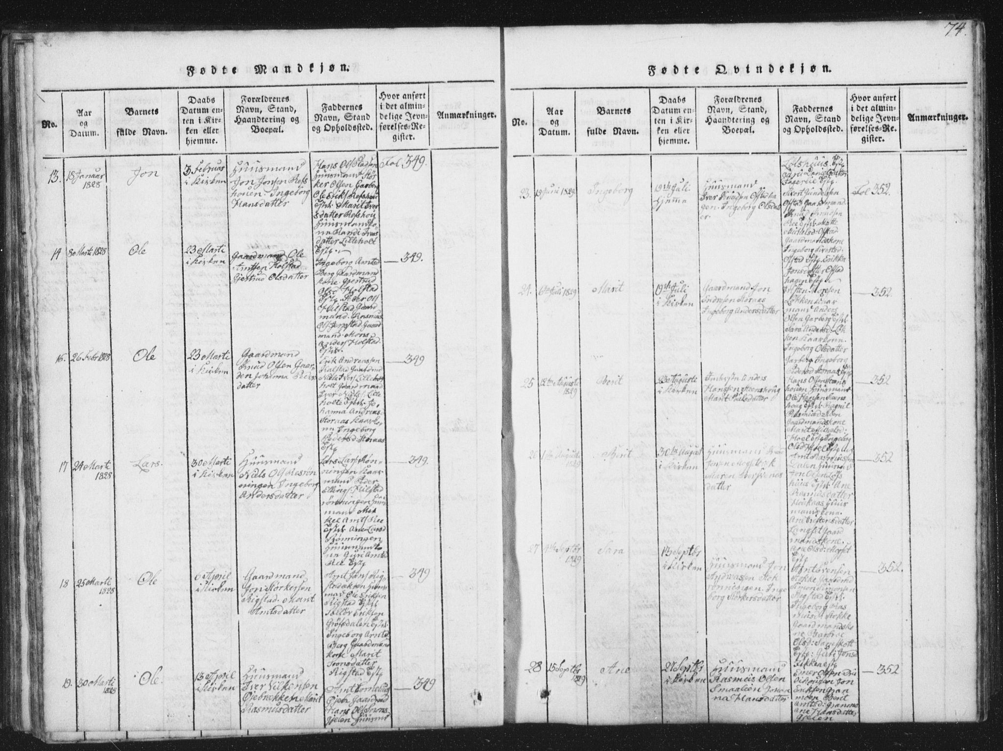 Ministerialprotokoller, klokkerbøker og fødselsregistre - Sør-Trøndelag, SAT/A-1456/672/L0862: Klokkerbok nr. 672C01, 1816-1831, s. 74