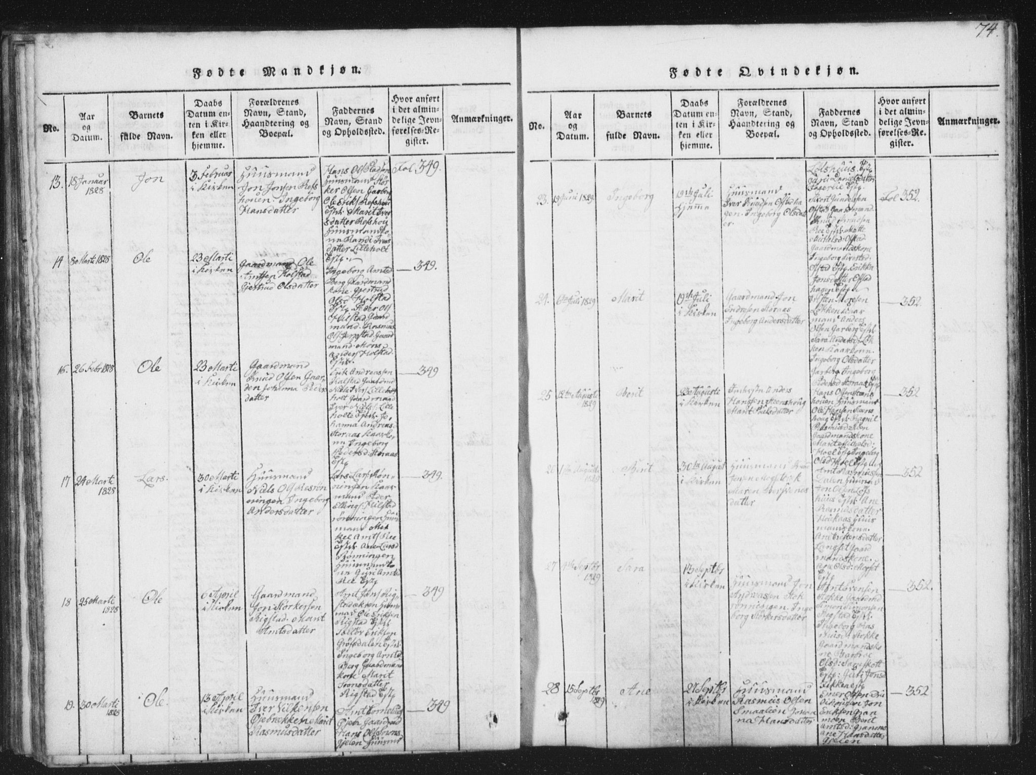 Ministerialprotokoller, klokkerbøker og fødselsregistre - Sør-Trøndelag, AV/SAT-A-1456/672/L0862: Klokkerbok nr. 672C01, 1816-1831, s. 74
