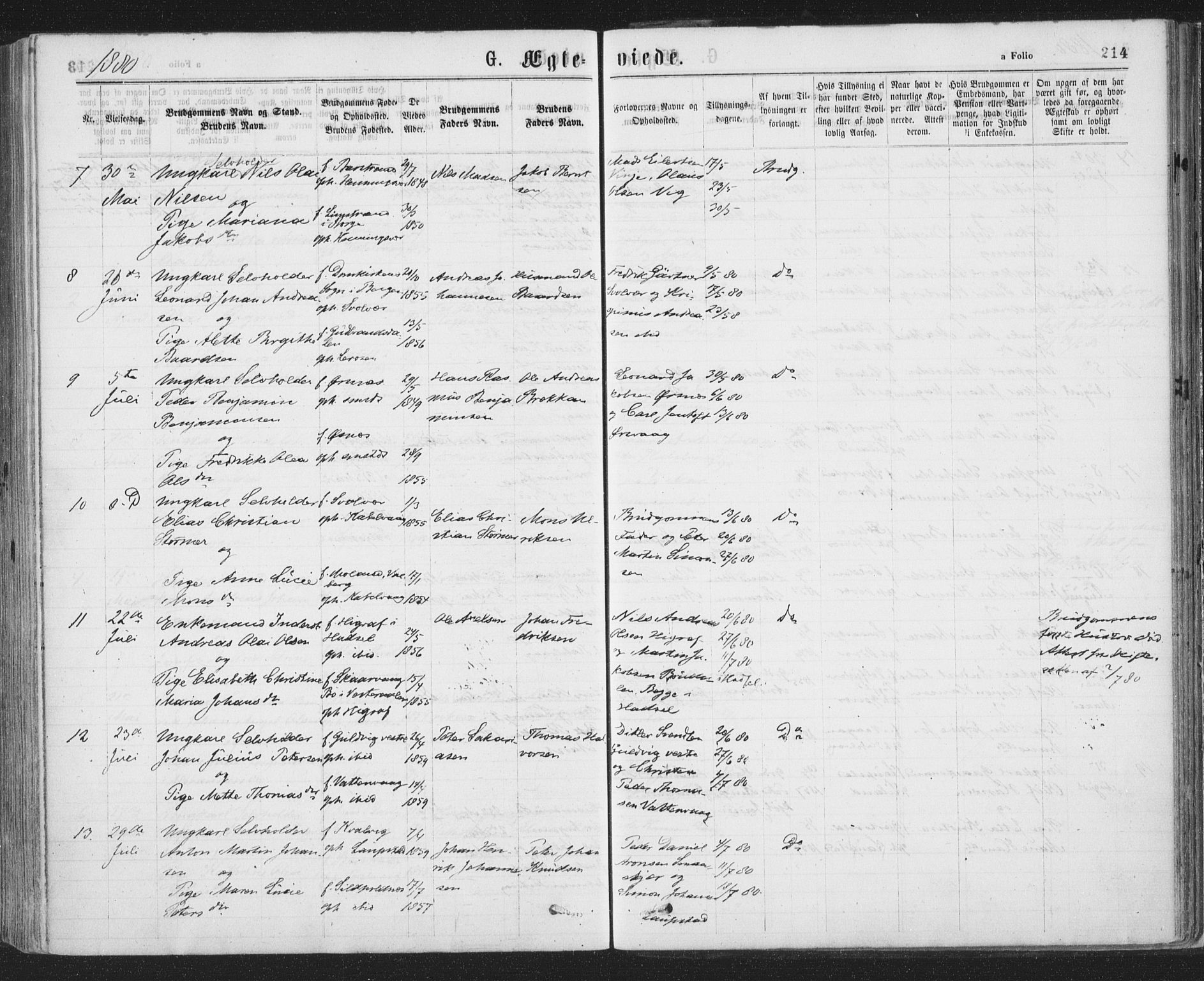 Ministerialprotokoller, klokkerbøker og fødselsregistre - Nordland, SAT/A-1459/874/L1058: Ministerialbok nr. 874A02, 1878-1883, s. 214