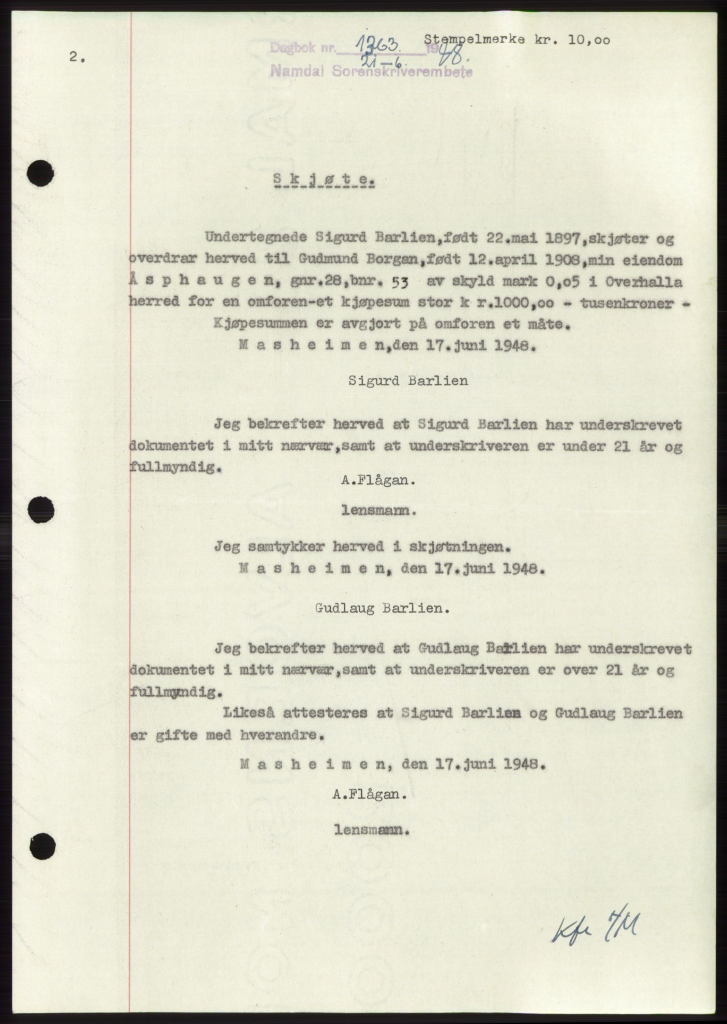 Namdal sorenskriveri, SAT/A-4133/1/2/2C: Pantebok nr. -, 1948-1948, Dagboknr: 1263/1948