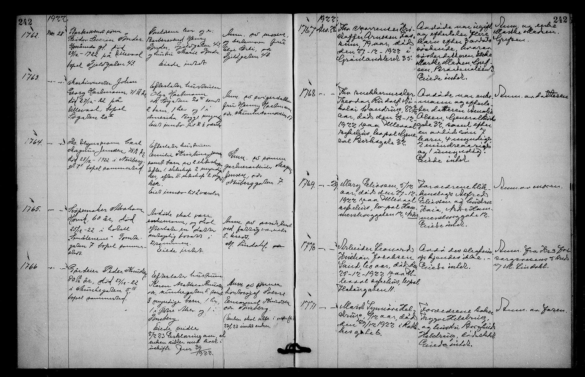 Oslo skifterett, AV/SAO-A-10383/G/Ga/Gac/L0011: Dødsfallsprotokoll, 1921-1923, s. 242