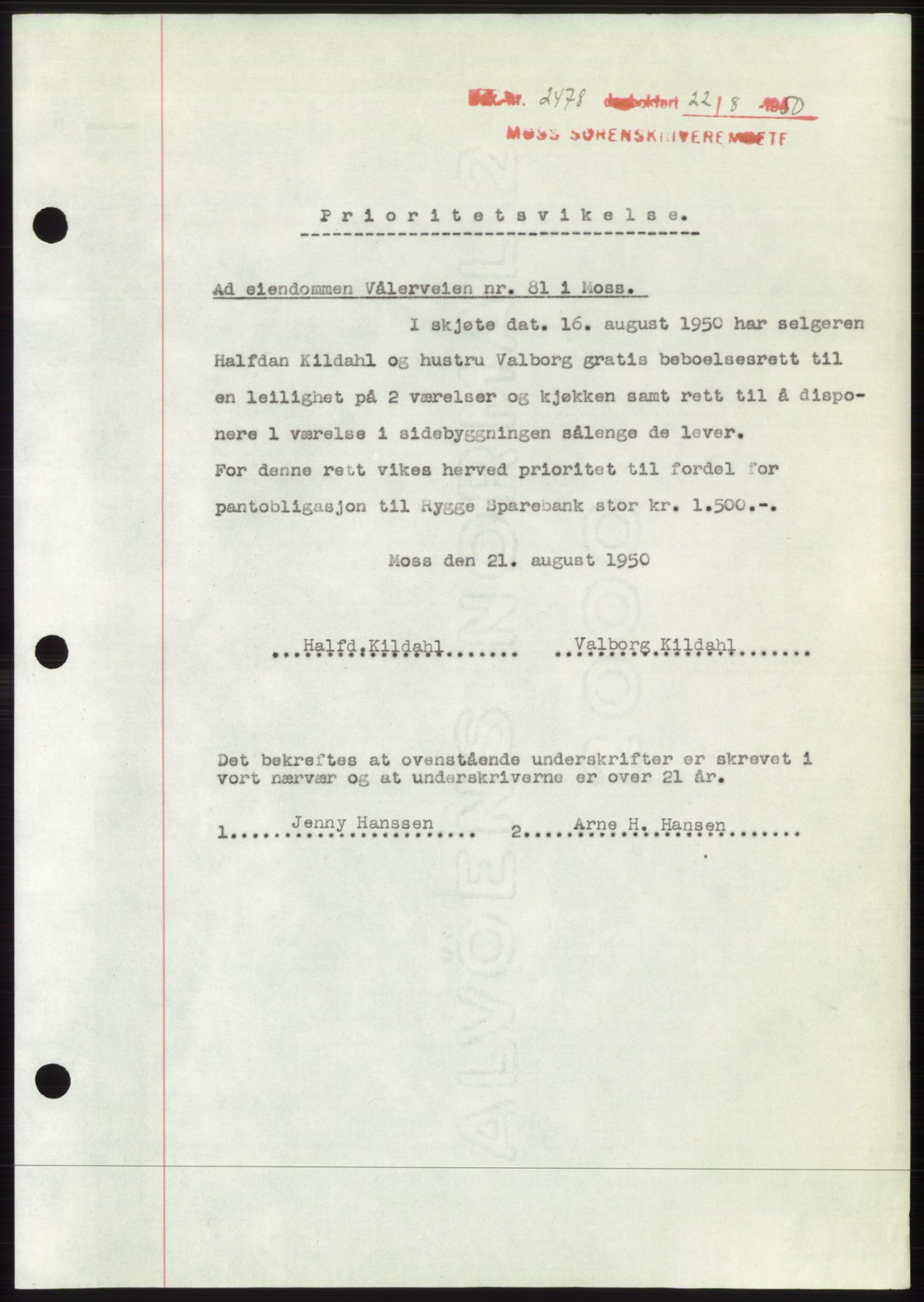 Moss sorenskriveri, SAO/A-10168: Pantebok nr. B25, 1950-1950, Dagboknr: 2478/1950