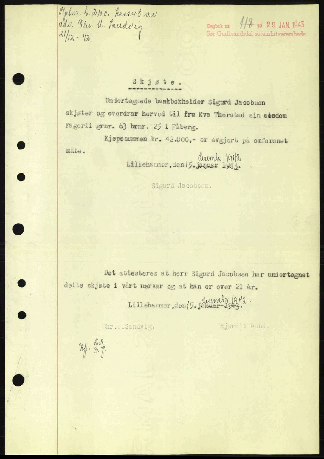 Sør-Gudbrandsdal tingrett, SAH/TING-004/H/Hb/Hbd/L0011: Pantebok nr. A11, 1942-1943, Dagboknr: 118/1943