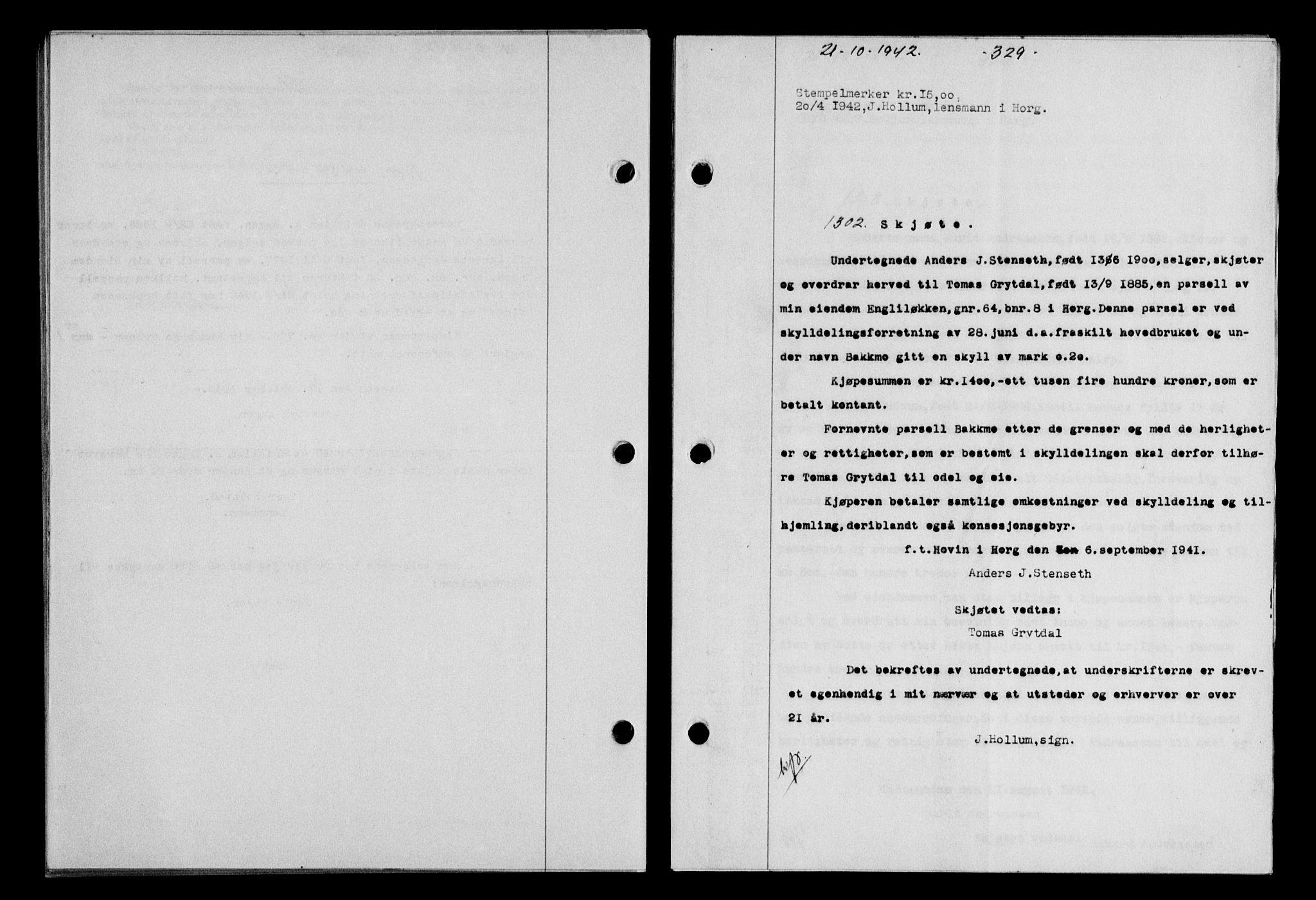 Gauldal sorenskriveri, SAT/A-0014/1/2/2C/L0055: Pantebok nr. 60, 1942-1942, Dagboknr: 1302/1942