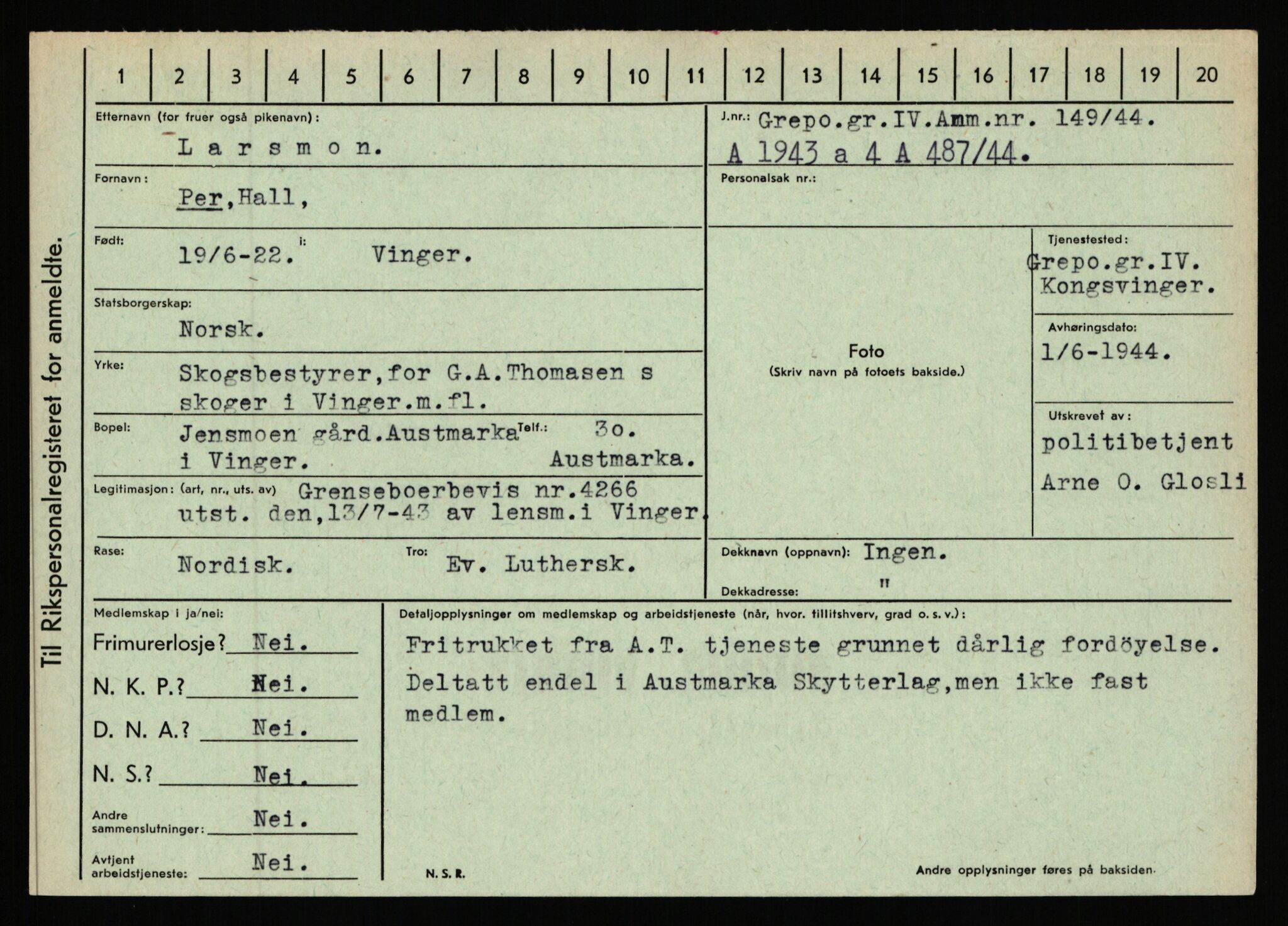 Statspolitiet - Hovedkontoret / Osloavdelingen, AV/RA-S-1329/C/Ca/L0009: Knutsen - Limstrand, 1943-1945, s. 3949