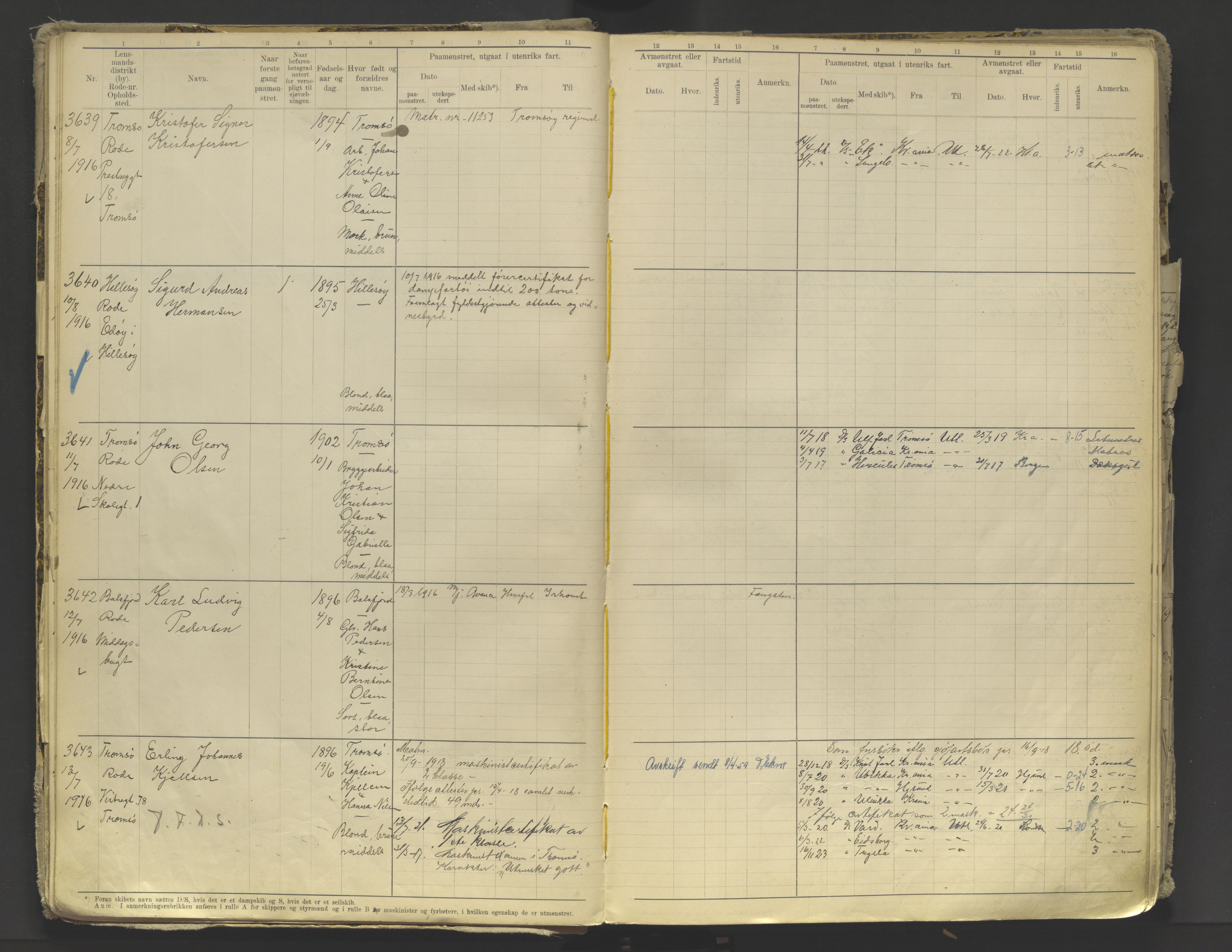 Tromsø sjømannskontor/innrullerings-/mønstringsdistrikt, AV/SATØ-S-0243/F/Fb/L0010: Annotasjonsrulle. Defekt: løs innbinding. Nr. 3519-4972, 1916-1920