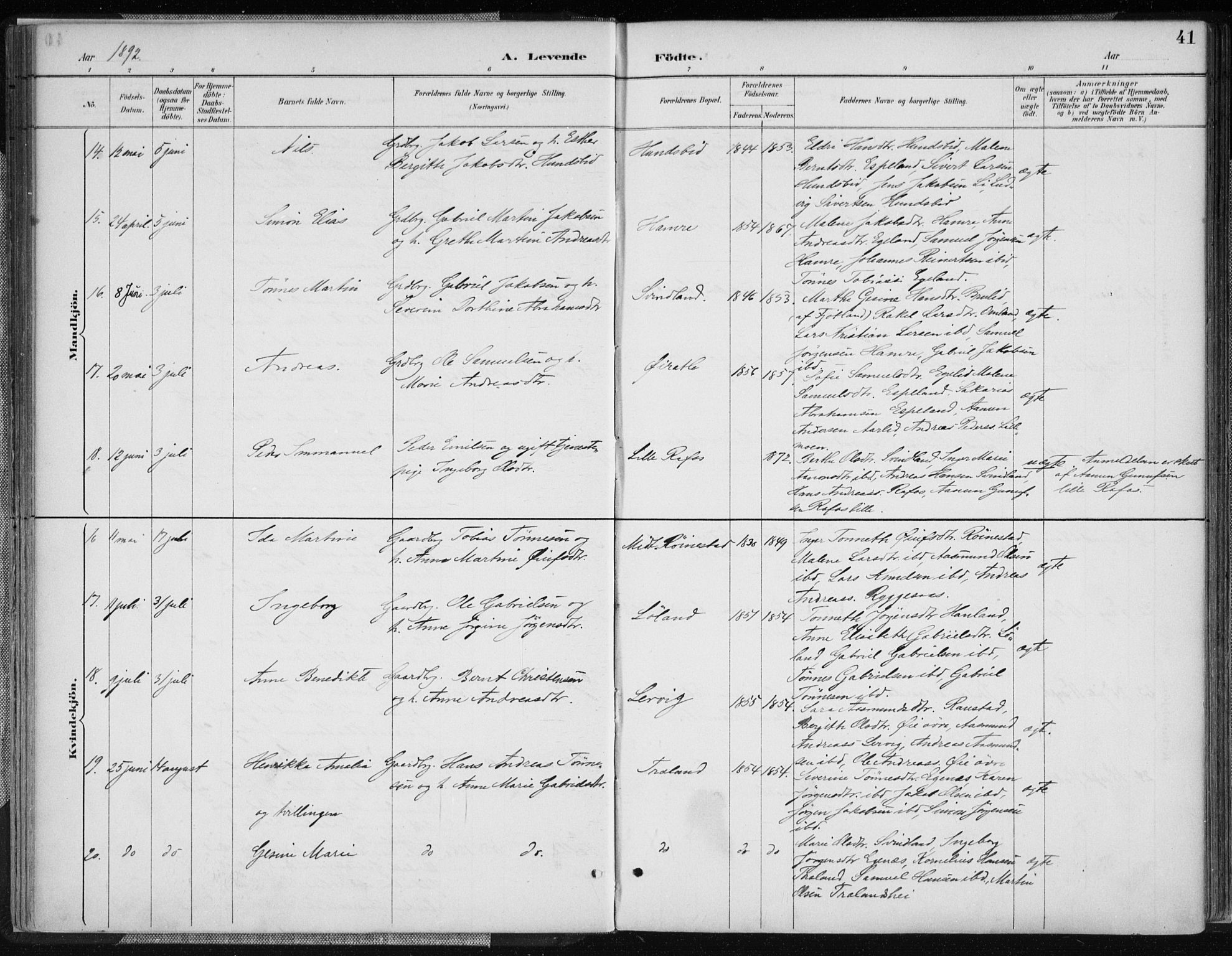 Kvinesdal sokneprestkontor, AV/SAK-1111-0026/F/Fa/Fab/L0008: Ministerialbok nr. A 8, 1886-1897, s. 41