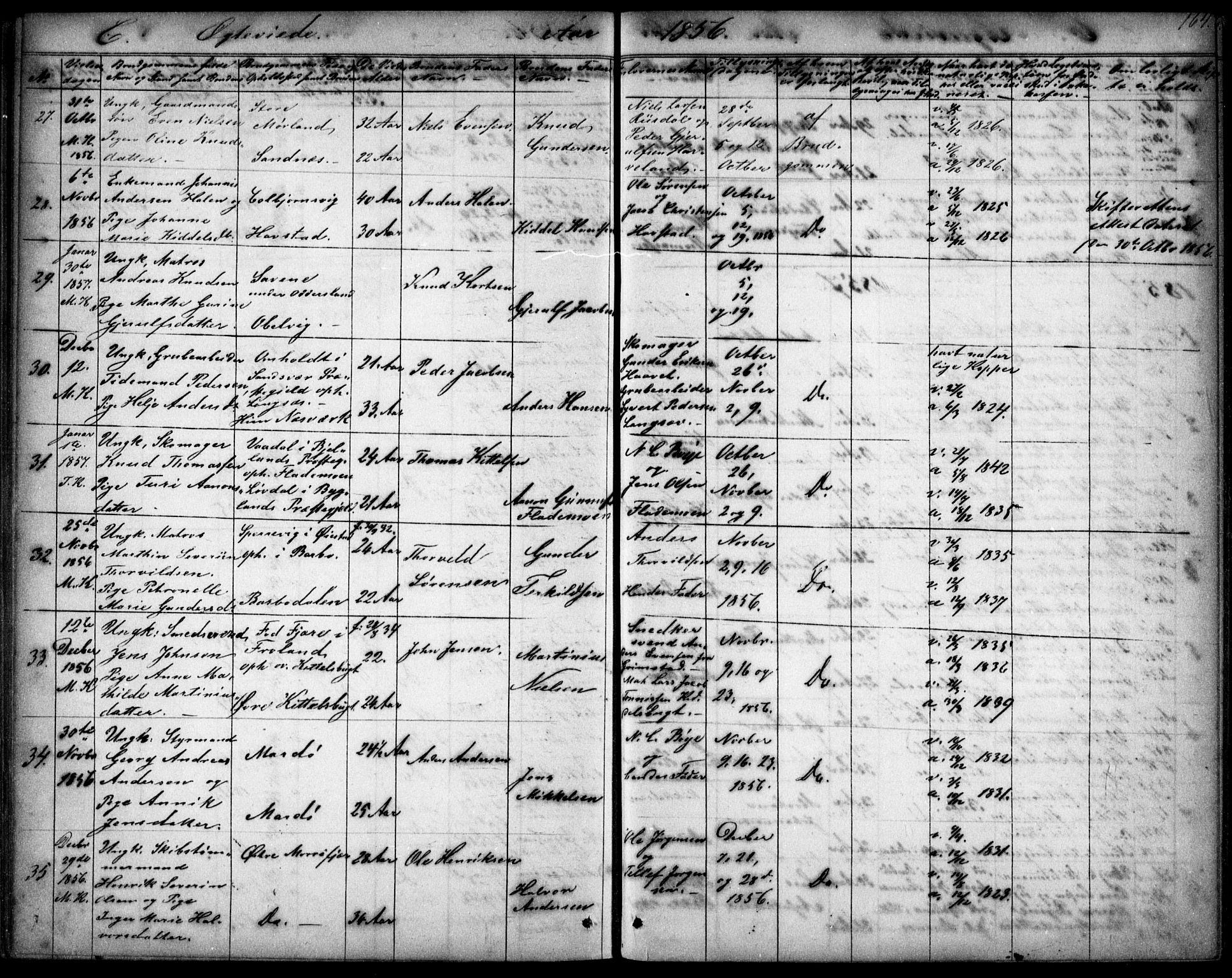 Tromøy sokneprestkontor, AV/SAK-1111-0041/F/Fb/L0002: Klokkerbok nr. B 2, 1851-1858, s. 164