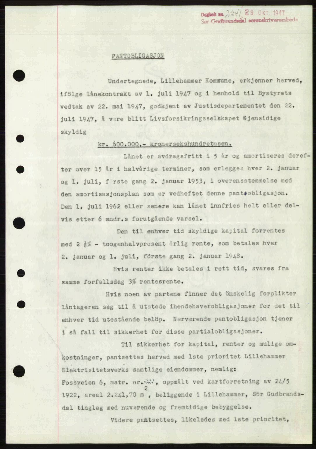 Sør-Gudbrandsdal tingrett, SAH/TING-004/H/Hb/Hbe/L0003: Pantebok nr. B3, 1943-1948, Dagboknr: 2241/1947