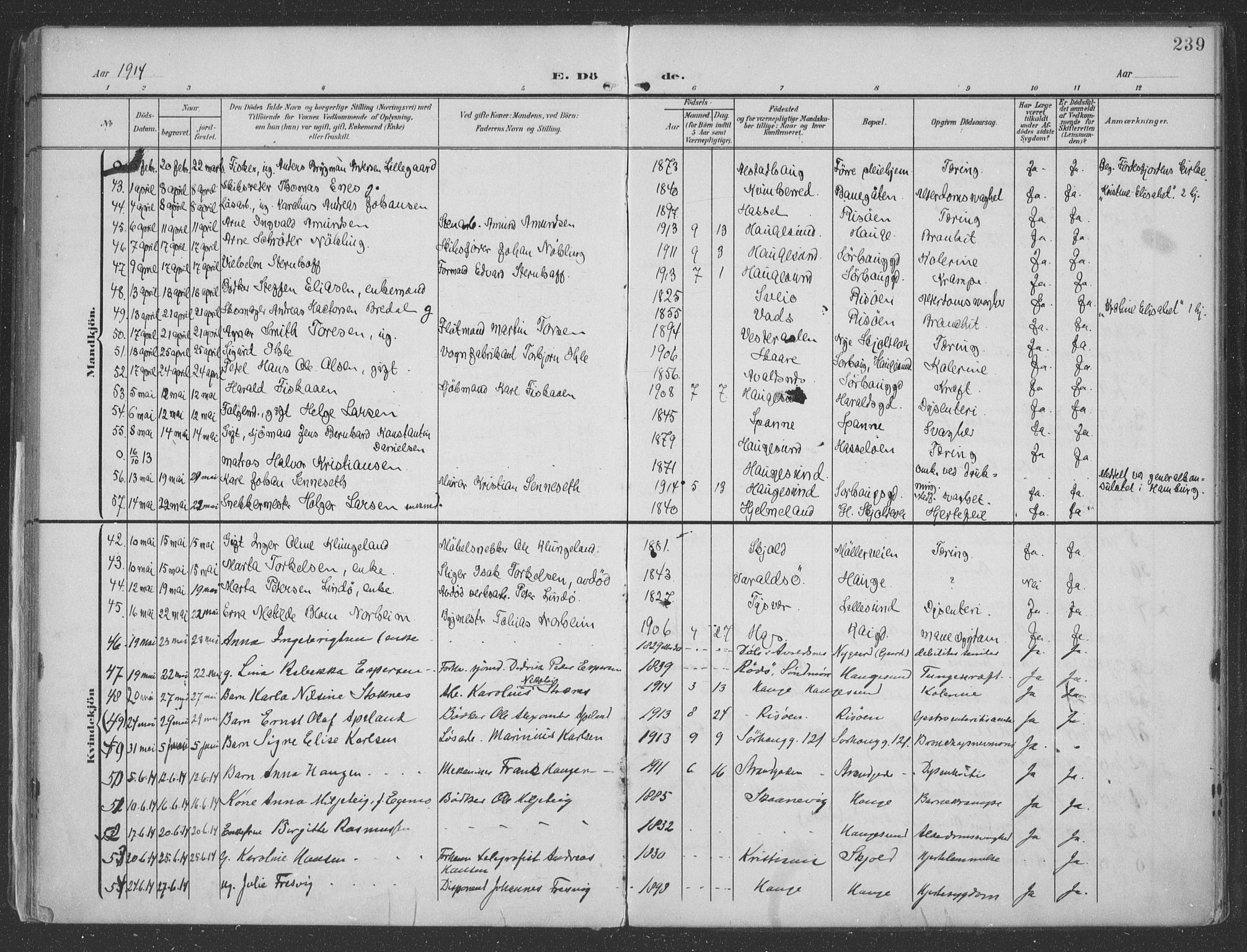 Haugesund sokneprestkontor, AV/SAST-A -101863/H/Ha/Haa/L0007: Ministerialbok nr. A 7, 1904-1916, s. 239