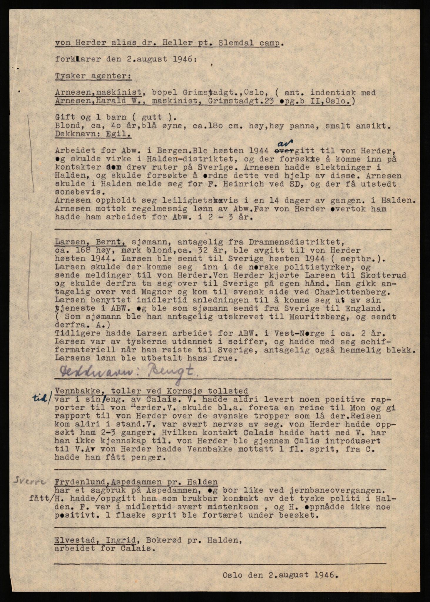 Forsvaret, Forsvarets overkommando II, AV/RA-RAFA-3915/D/Db/L0013: CI Questionaires. Tyske okkupasjonsstyrker i Norge. Tyskere., 1945-1946, s. 23